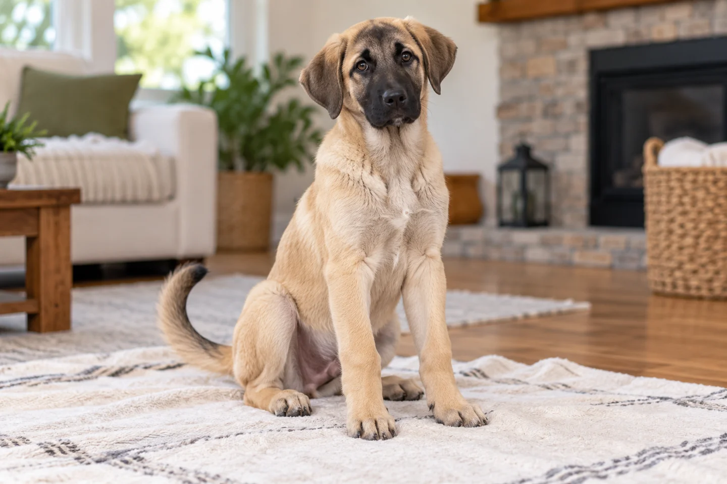 Fawn Anatolian Shepherd Dog puppy with black mask and dropped ears sitting on a blanket