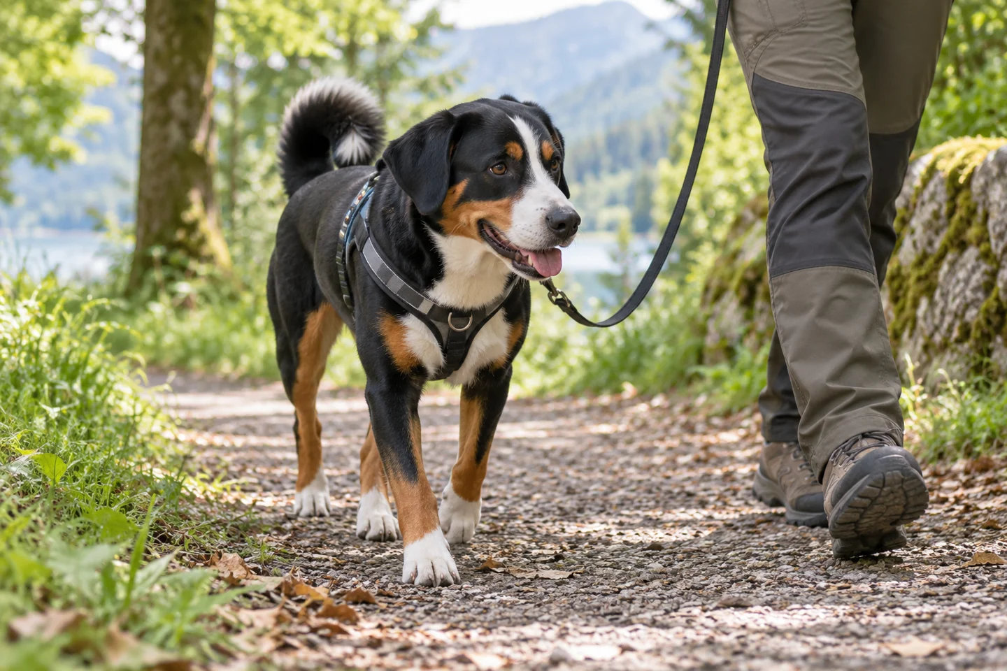 Tricolor Appenzeller Sennenhund walking in a harness beside an adult along a shaded path