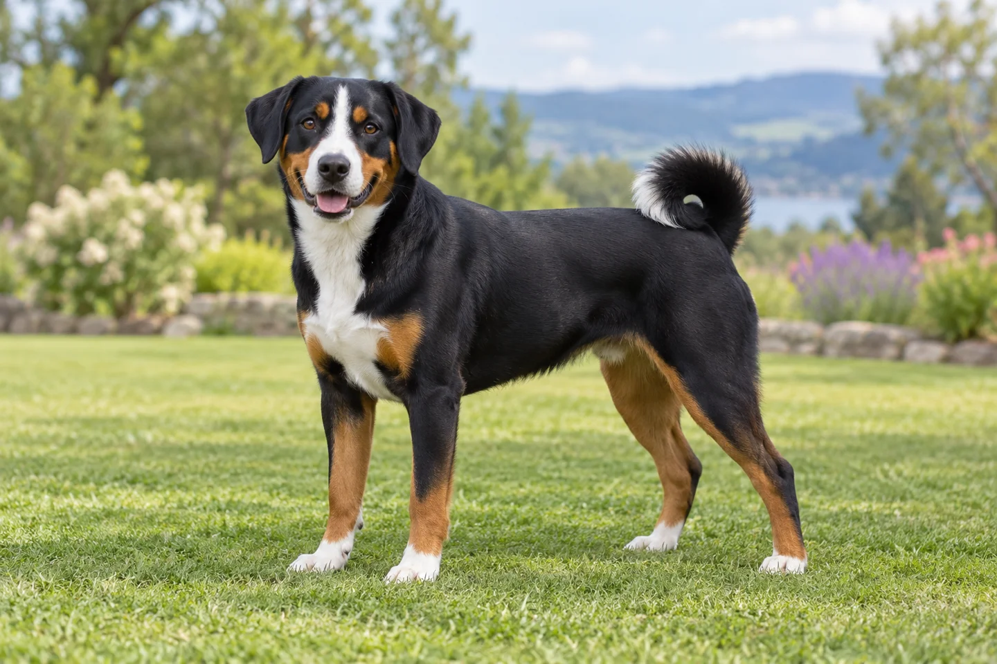 Black, rust, and white Appenzeller Sennenhund with dropped ears and curled tail standing on grass