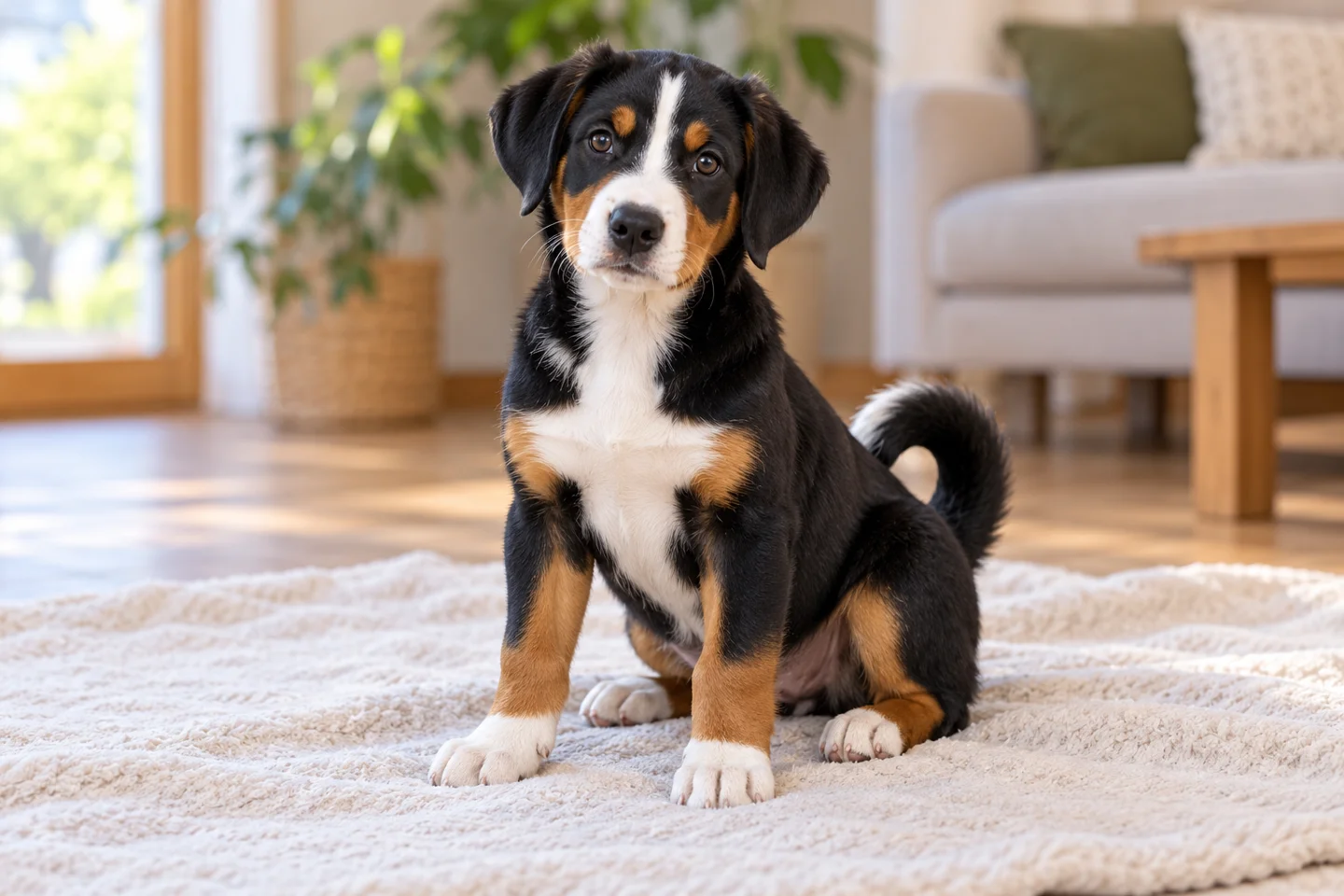 Tricolor Appenzeller Sennenhund puppy with white chest and curled tail sitting on a blanket