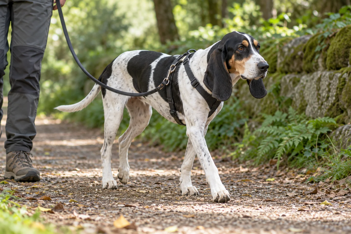 White and black Ariegeois with long ears walking in a harness beside an adult on a shaded path