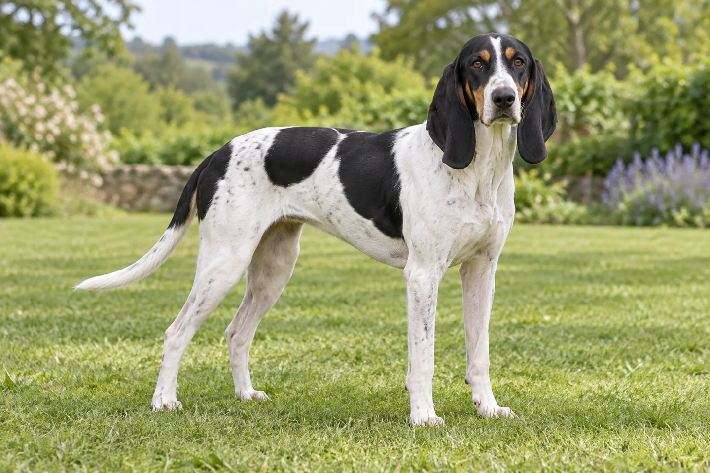 White Ariegeois with black patches, modest tan brows, long dropped ears, and long legs standing on grass