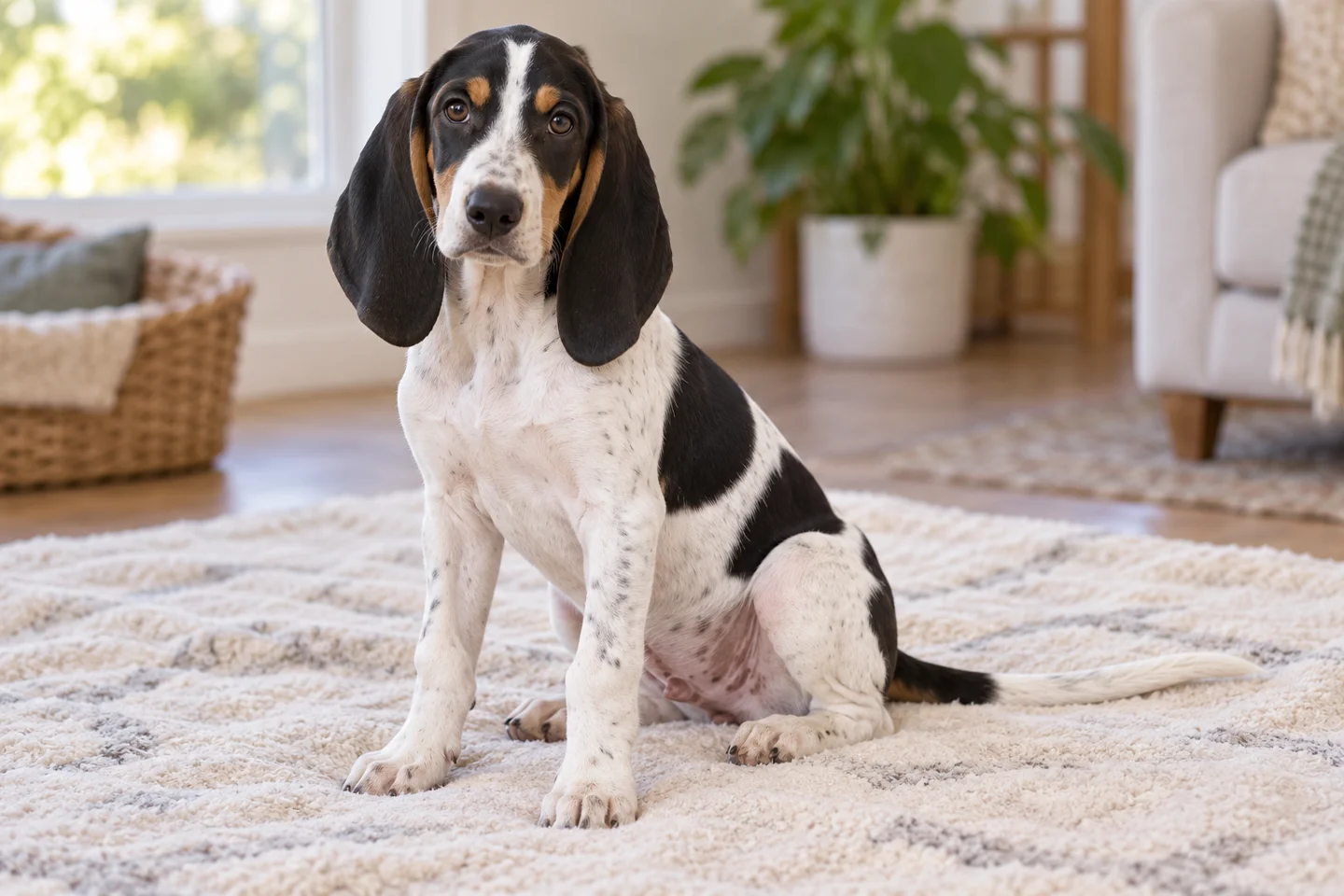 White and black Ariegeois puppy with tan brows and long floppy ears sitting on a blanket