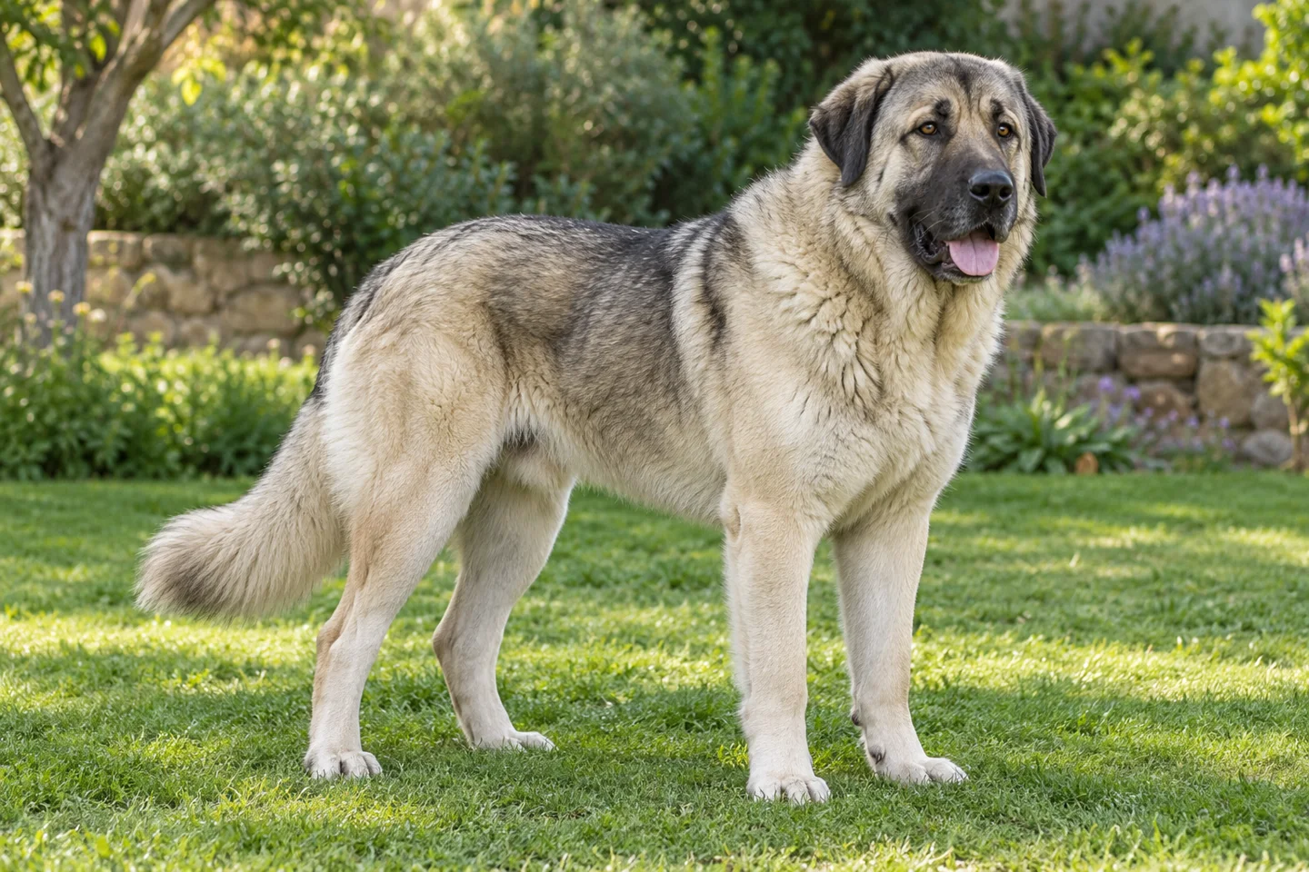 Cream and wolf-gray Armenian Gampr with a dense coat, natural dropped ears, and a long tail standing on grass