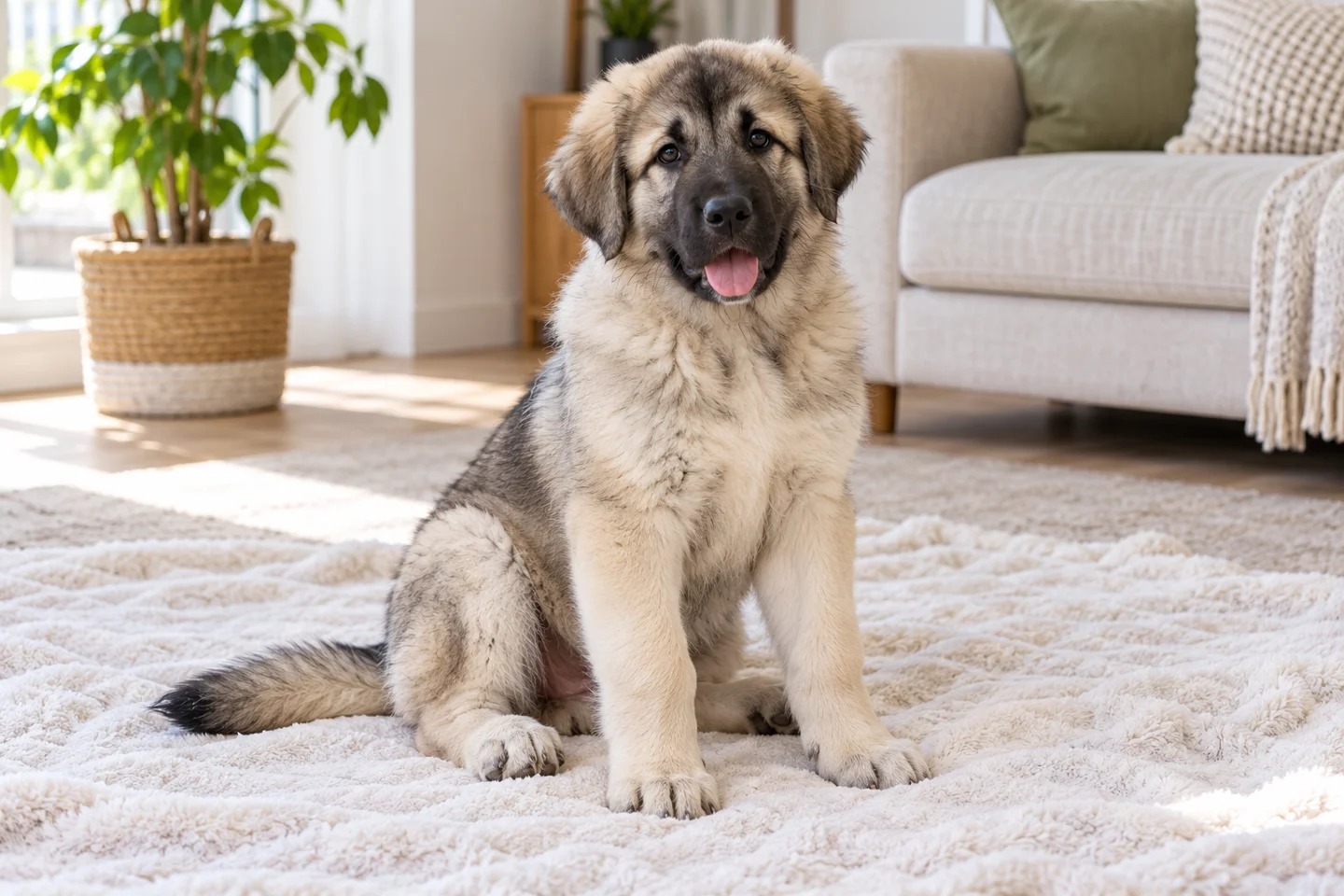 Armenian Gampr puppy with cream and gray coat and dark muzzle sitting on a pale blanket indoors
