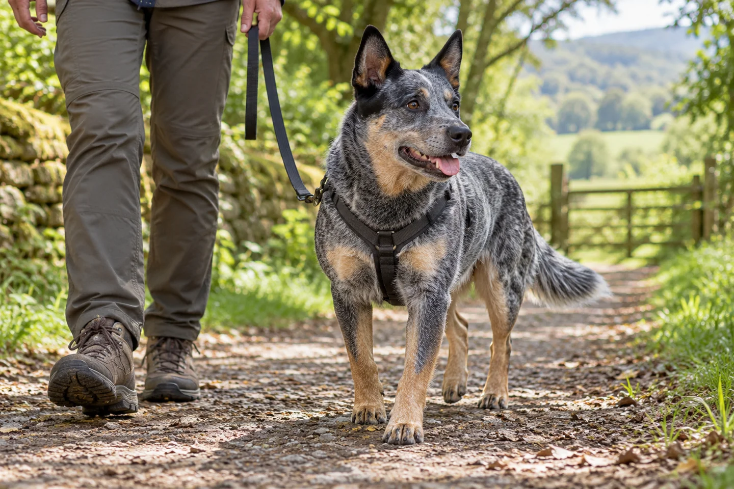 Australian Cattle Dog walking in a harness beside an adult on a shaded countryside path