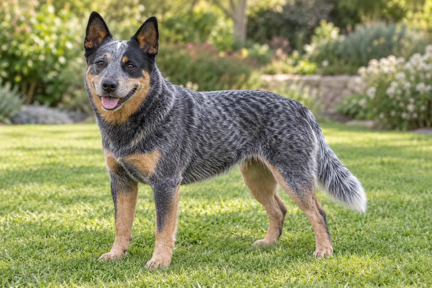 Blue-speckled Australian Cattle Dog with tan points, erect ears, and long natural tail standing on grass