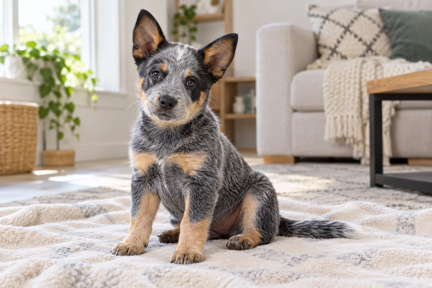 Blue-speckled Australian Cattle Dog puppy with tan points and erect ears sitting indoors on a blanket