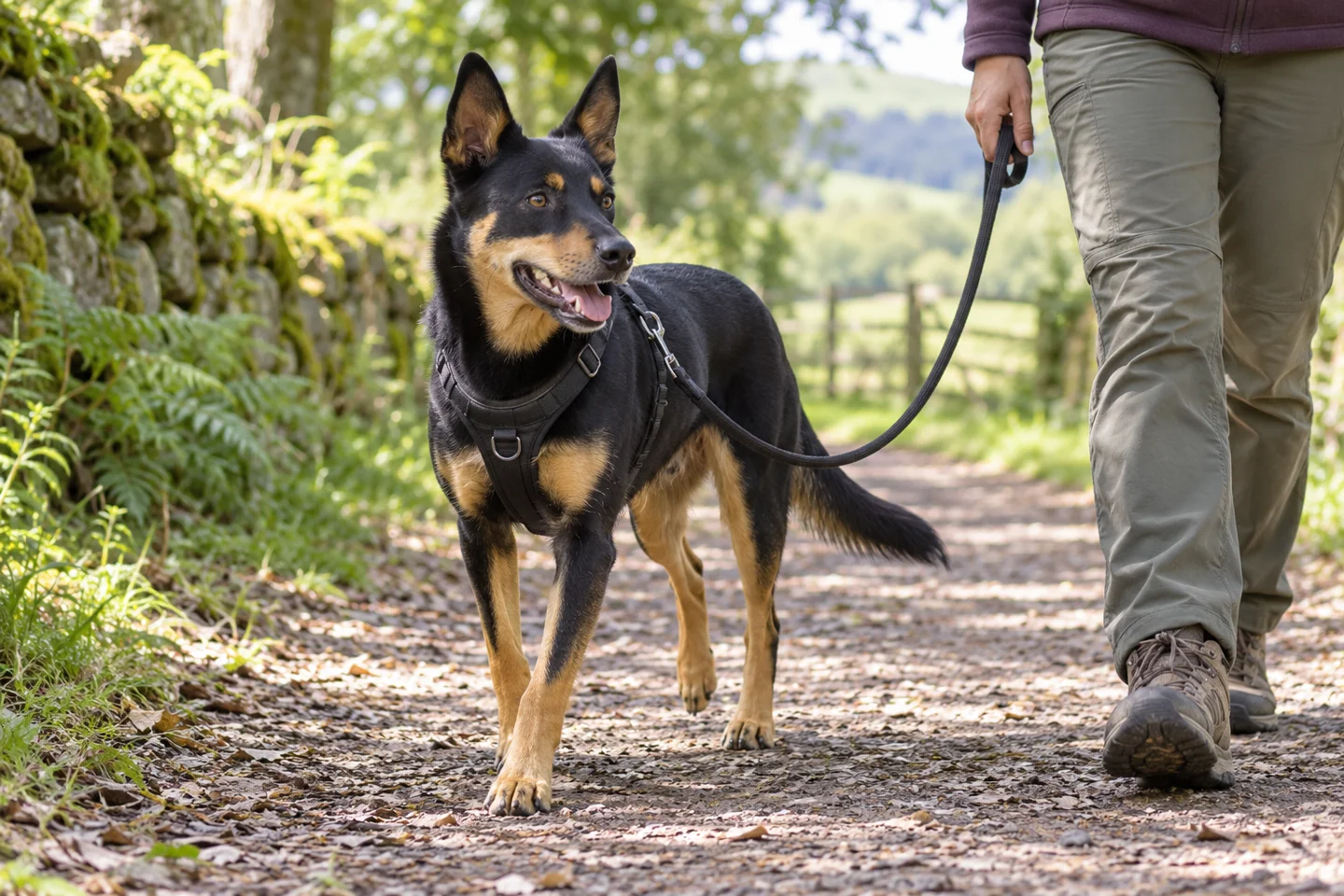 Black-and-tan Australian Kelpie wearing a harness while walking beside an adult on a shaded path