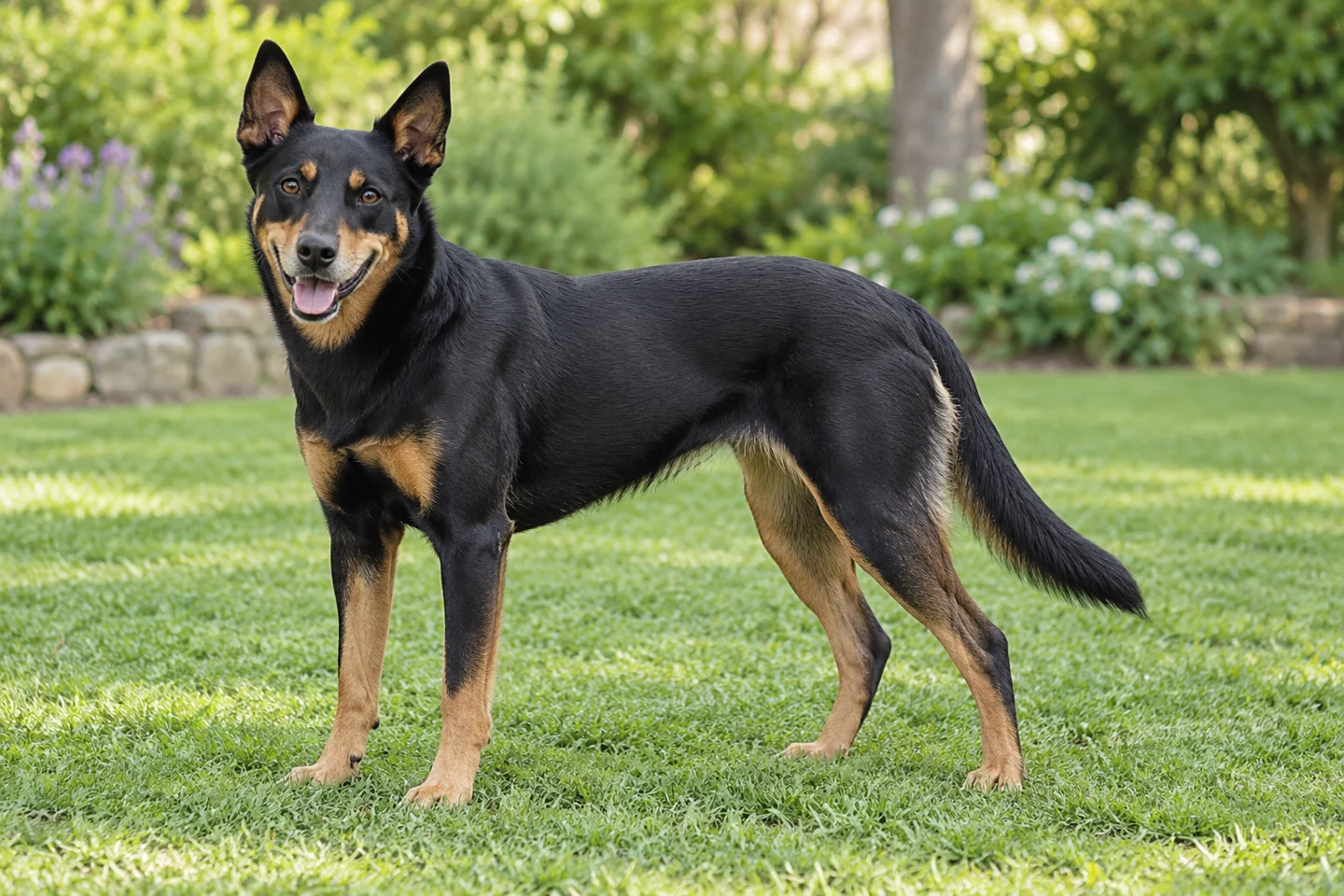 Lean black-and-tan Australian Kelpie with erect ears and a long natural tail standing on grass