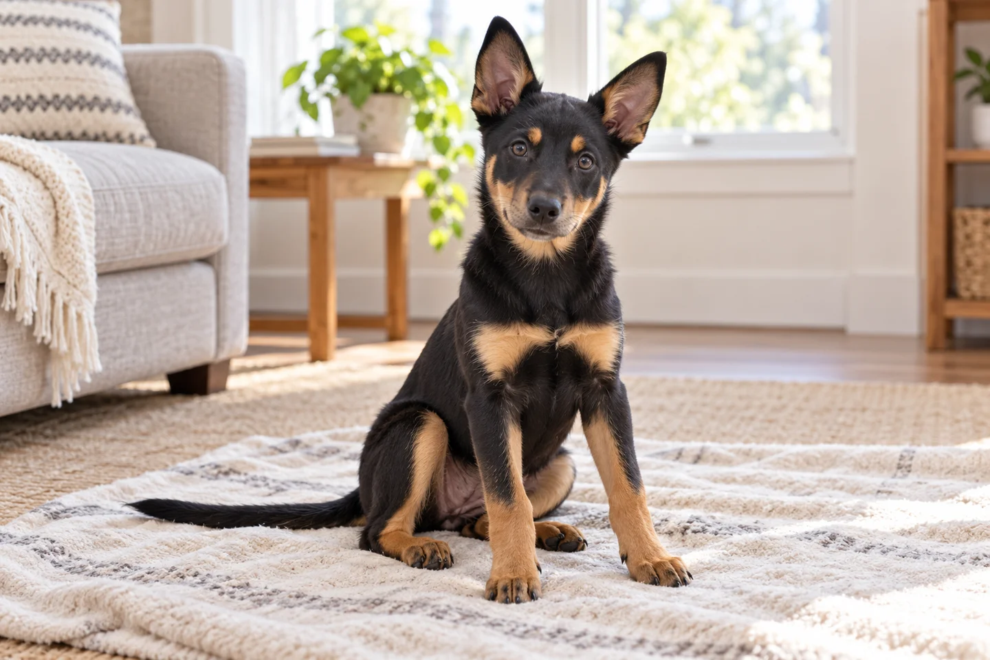 Black-and-tan Australian Kelpie puppy with erect ears sitting on a pale blanket indoors