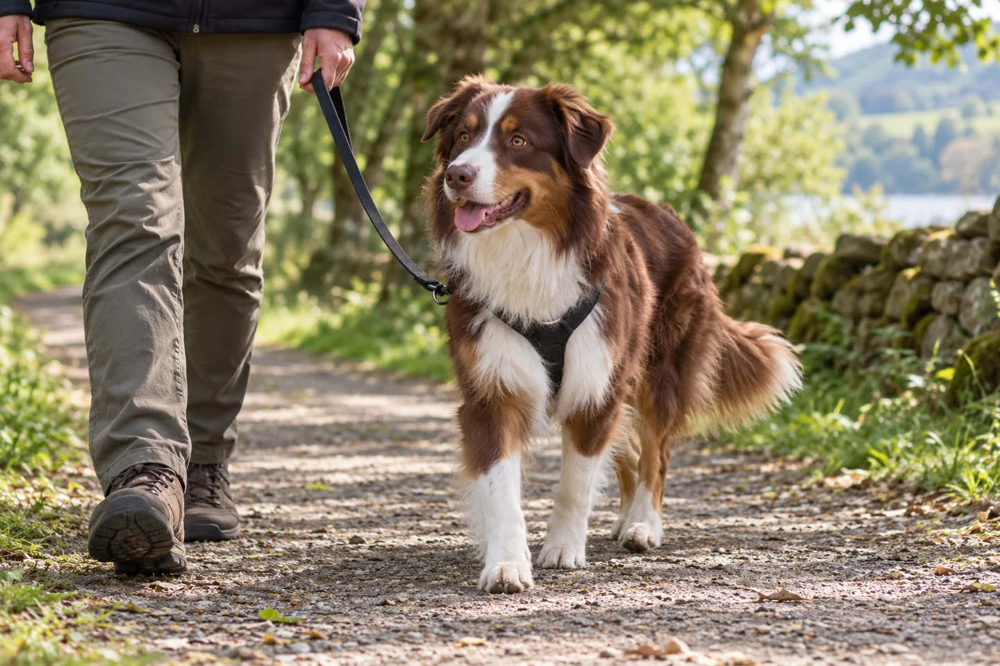 Red-tricolor Australian Shepherd with long natural tail walking in a harness beside an adult on a shaded path