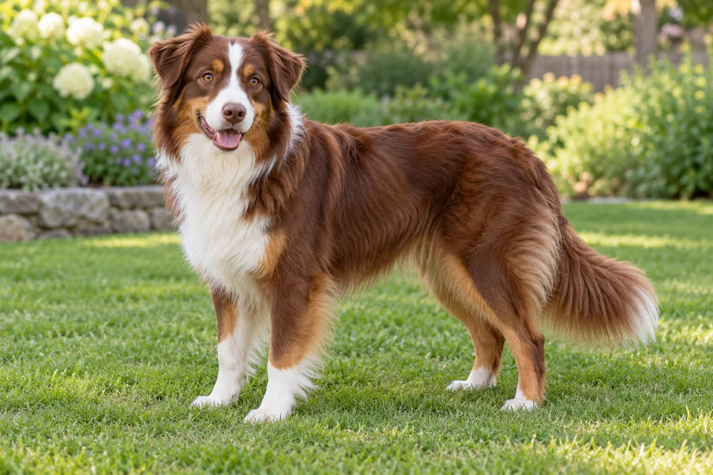 Red-tricolor Australian Shepherd with feathered coat, natural folded ears, and long tail standing on grass
