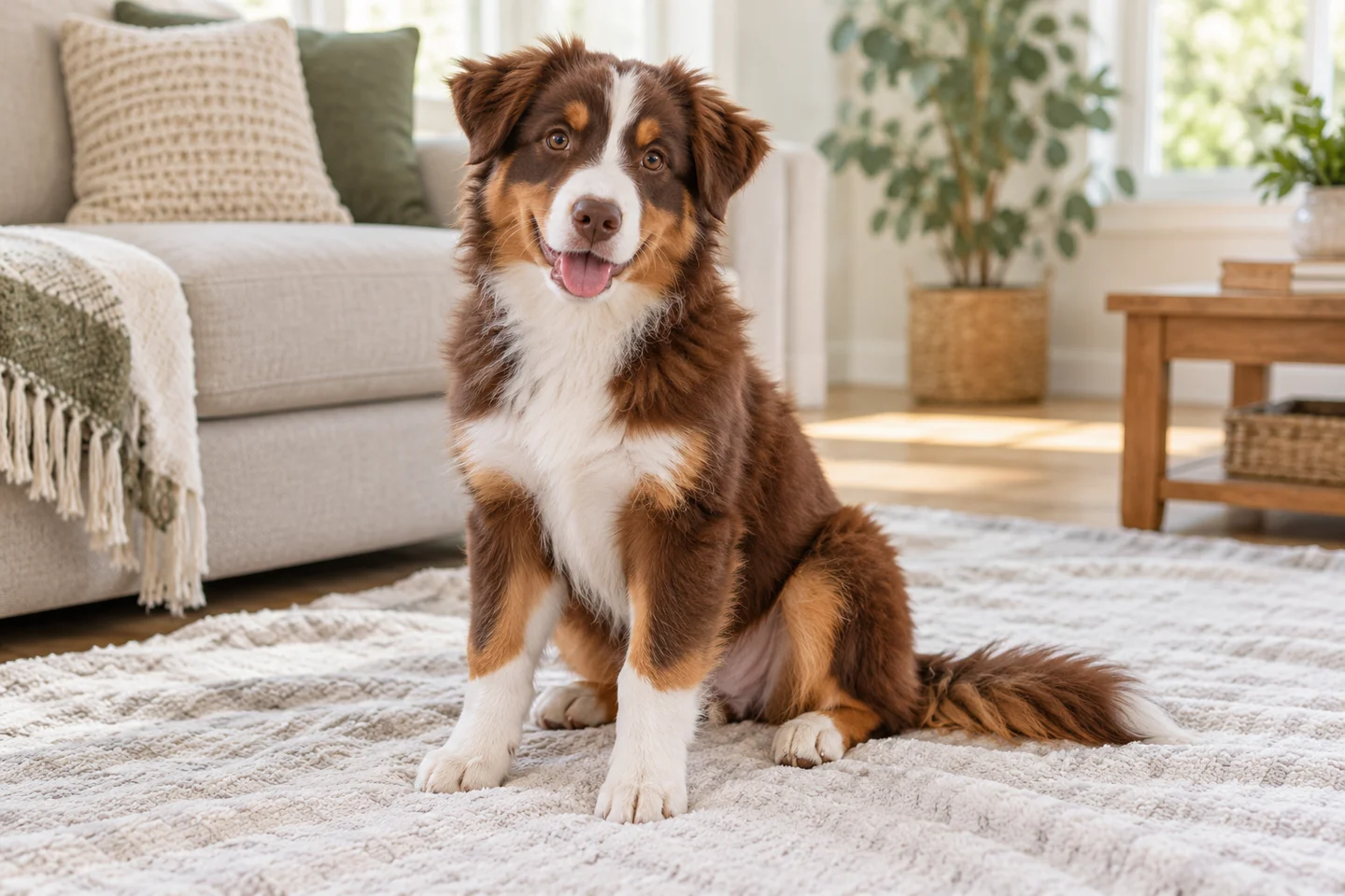 Red-tricolor Australian Shepherd puppy with white blaze and chest sitting on a blanket indoors