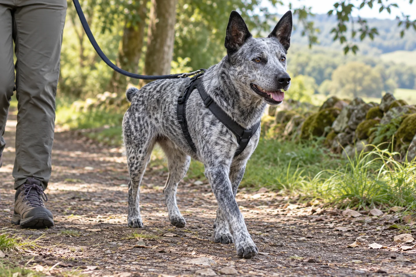 Blue-speckled Australian Stumpy Tail Cattle Dog walking in a harness beside an adult on a shaded path