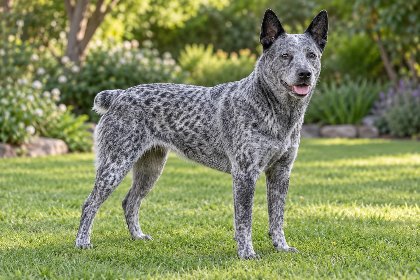 Blue-speckled Australian Stumpy Tail Cattle Dog with erect ears, square outline, and natural bobtail standing on grass