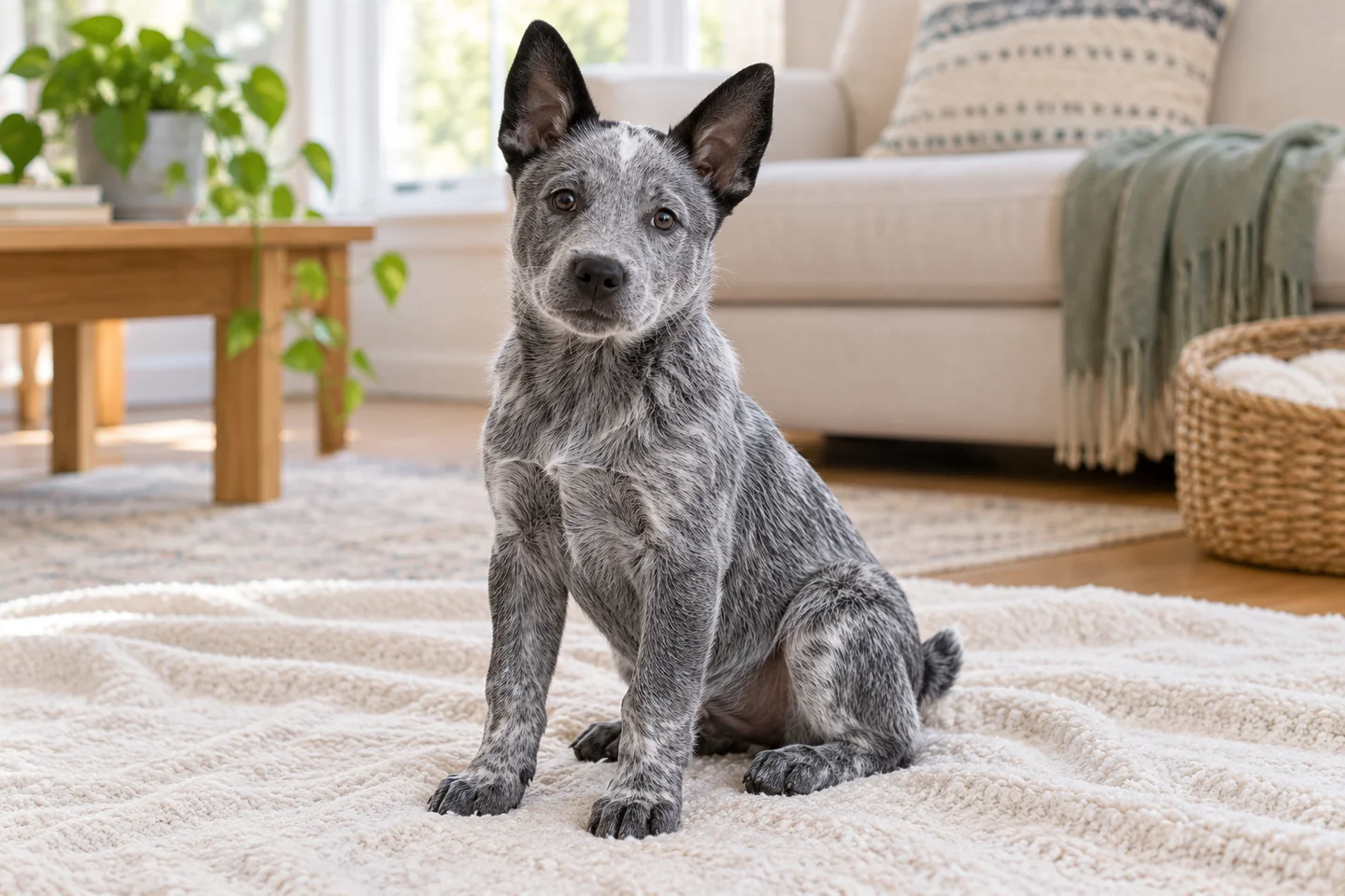 Australian Stumpy Tail Cattle Dog puppy with blue-speckled coat and natural short tail sitting indoors