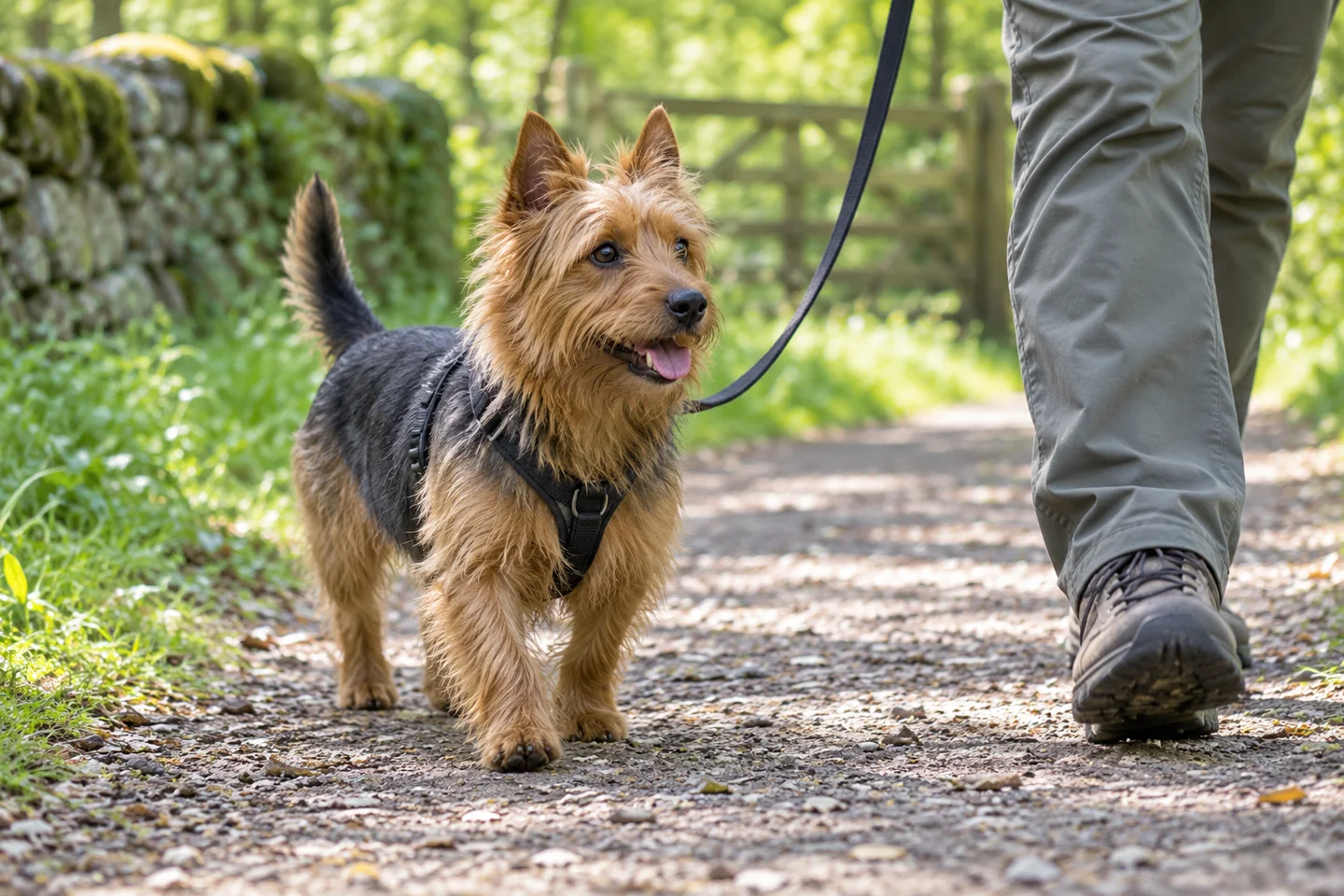 Australian Terrier in a fitted harness walking beside an adult on a shaded countryside path