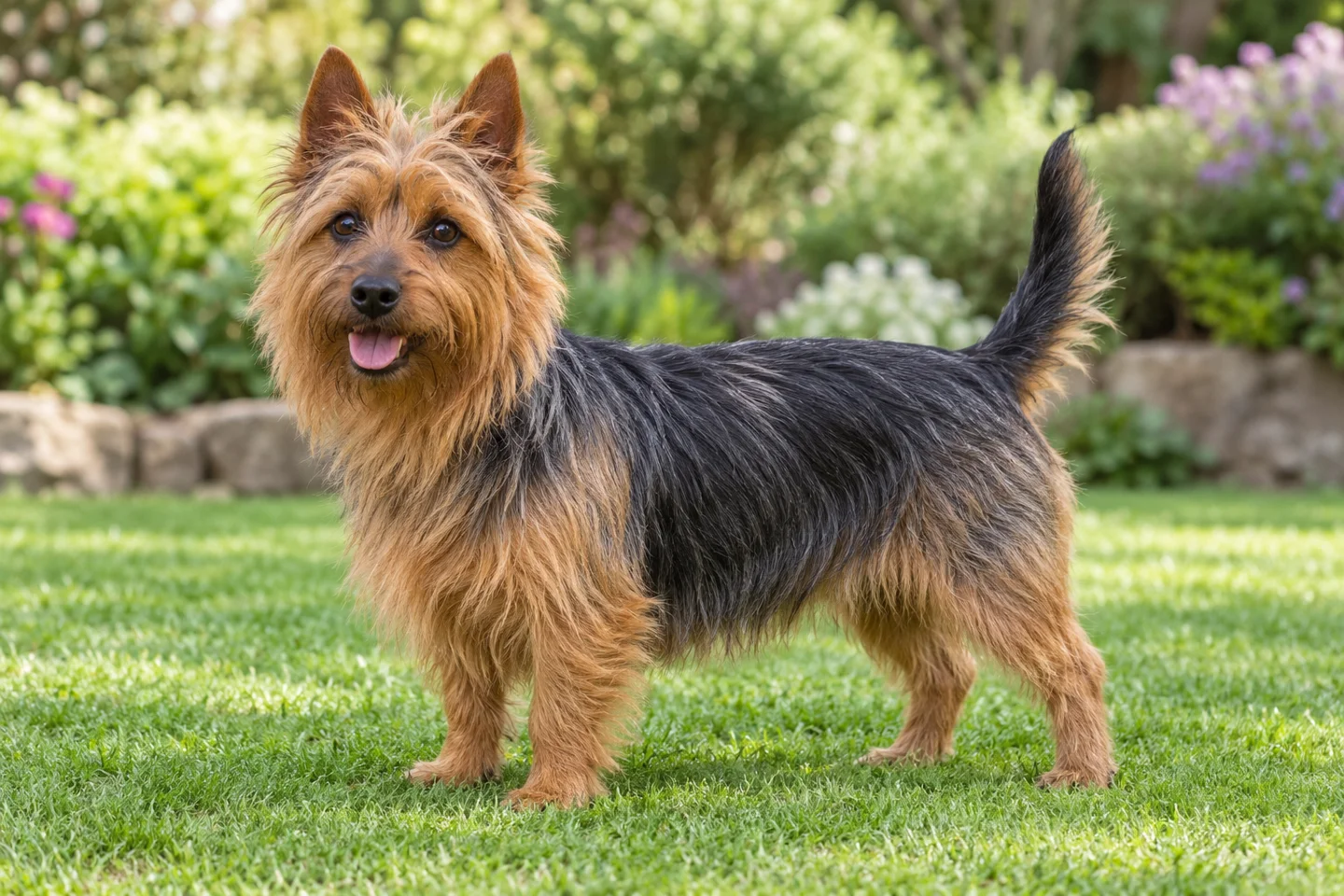 Small blue-and-tan Australian Terrier with harsh coat, neck ruff, erect ears, and long natural tail on grass
