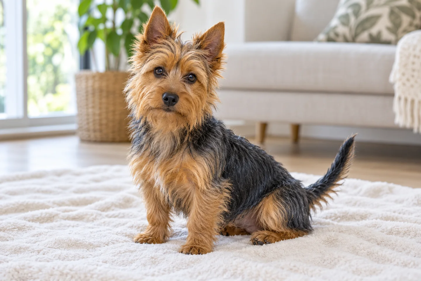 Blue-and-tan Australian Terrier puppy with erect ears and rough furnishings sitting on a blanket indoors