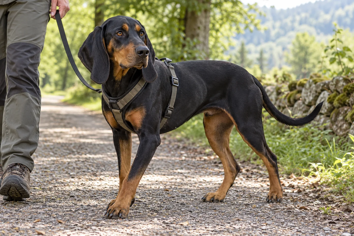 Austrian Black and Tan Hound with dropped ears walking in a harness beside an adult on a shaded path