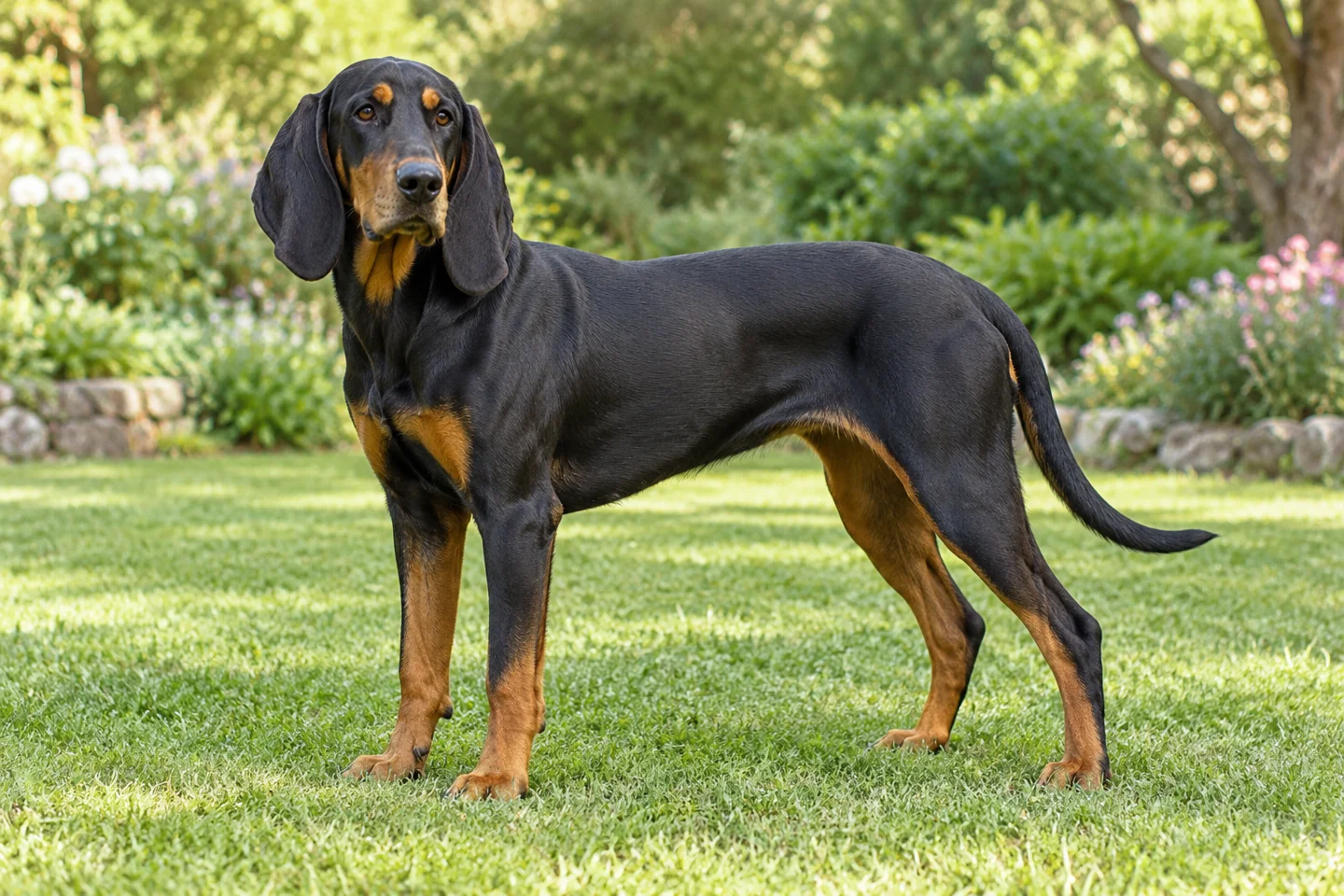 Austrian Black and Tan Hound with defined tan brows, dropped ears, and long natural tail standing on grass