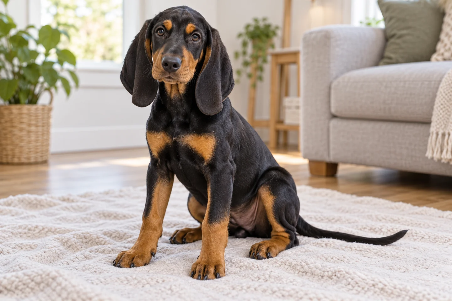 Black-and-tan Austrian Black and Tan Hound puppy with tan eyebrow spots sitting on a pale blanket