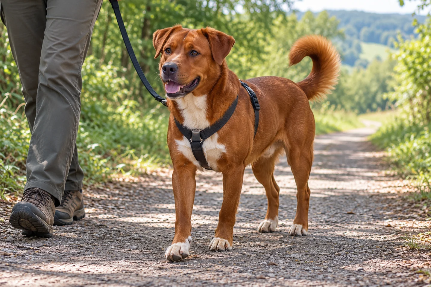 Red Austrian Pinscher wearing a harness while walking beside an adult on a shaded path