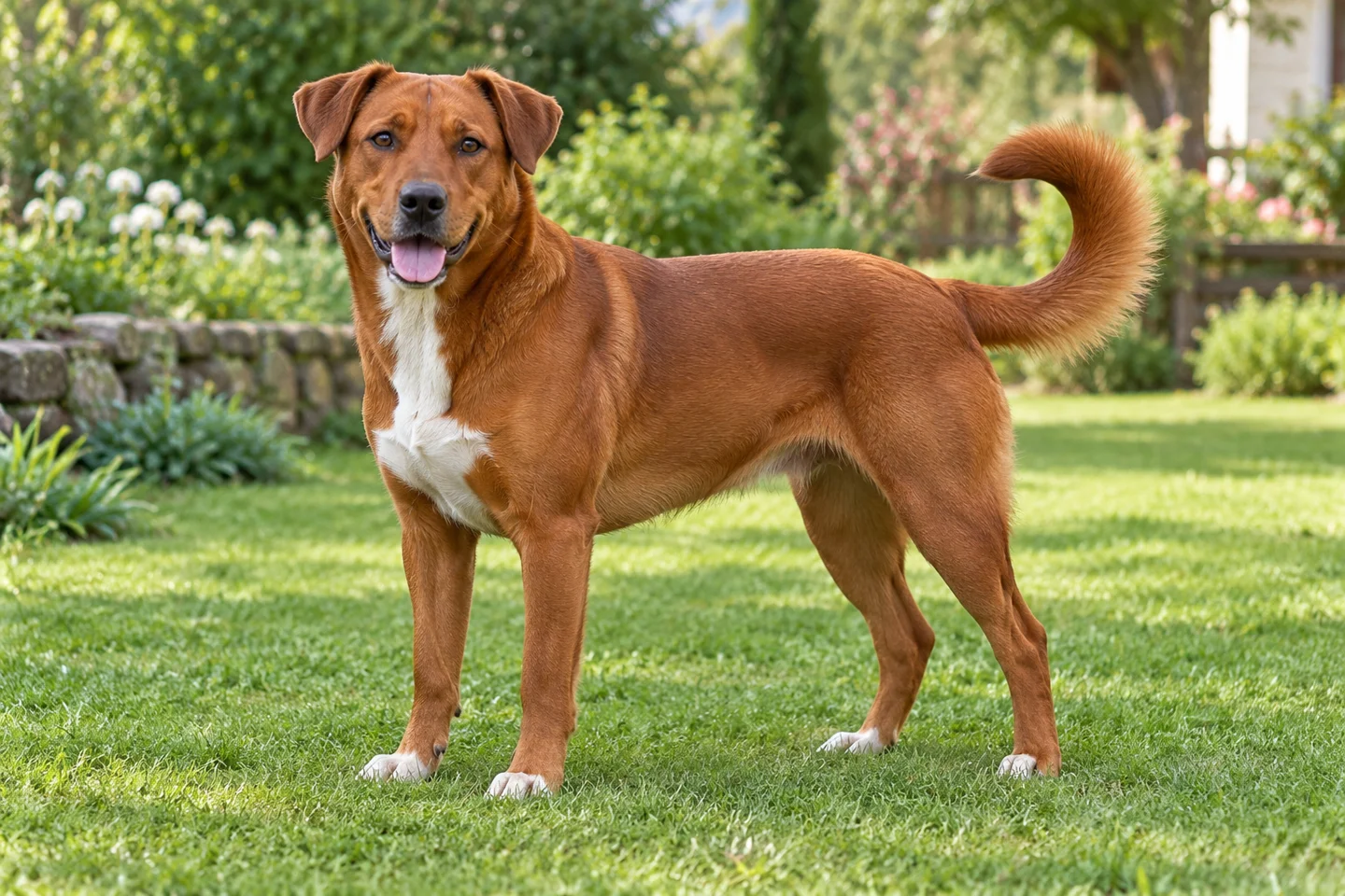 Sturdy red Austrian Pinscher with white chest, natural button ears, and curled natural tail standing on grass