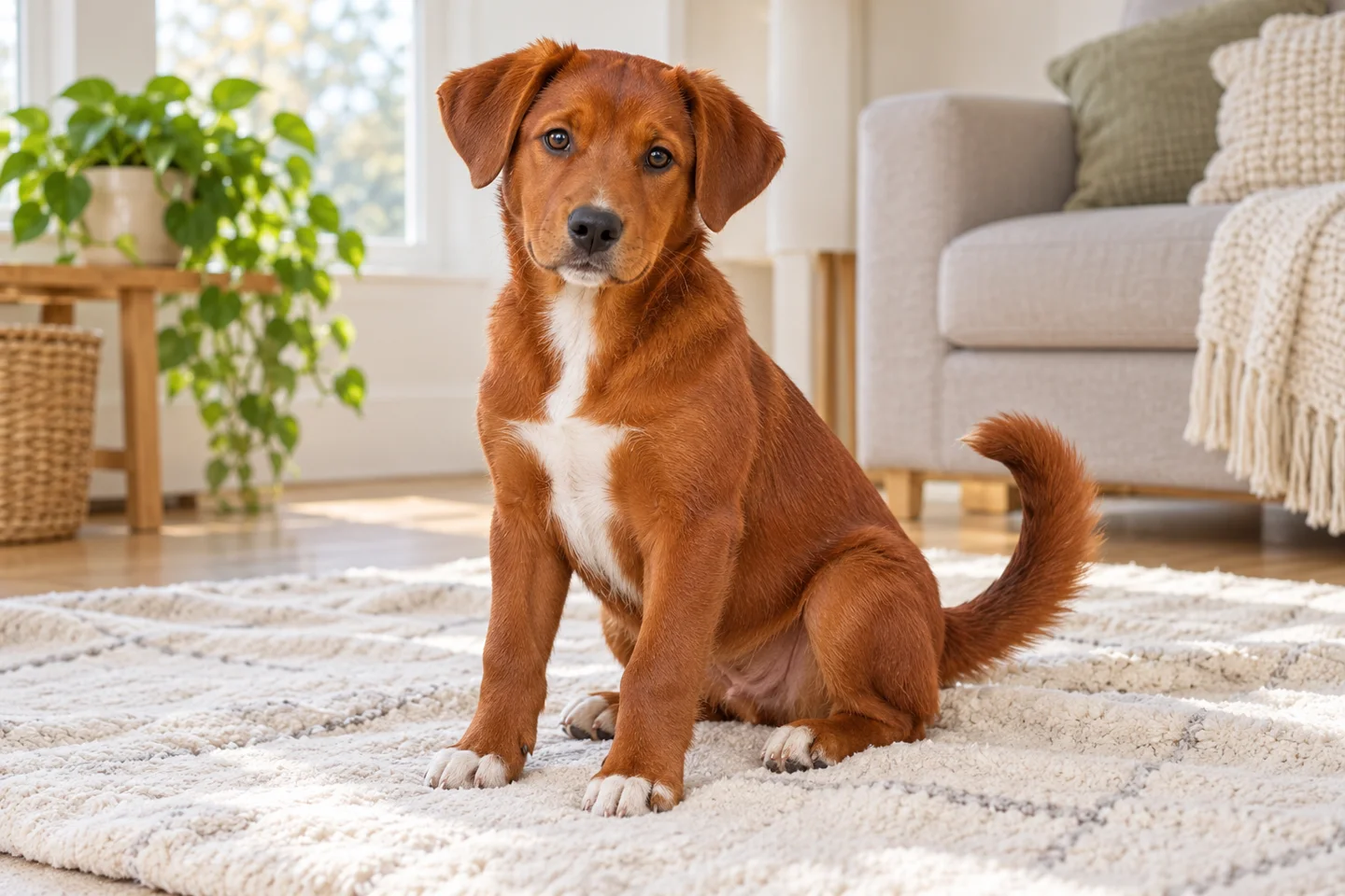 Red Austrian Pinscher puppy with white chest and natural folded ears sitting on a blanket indoors