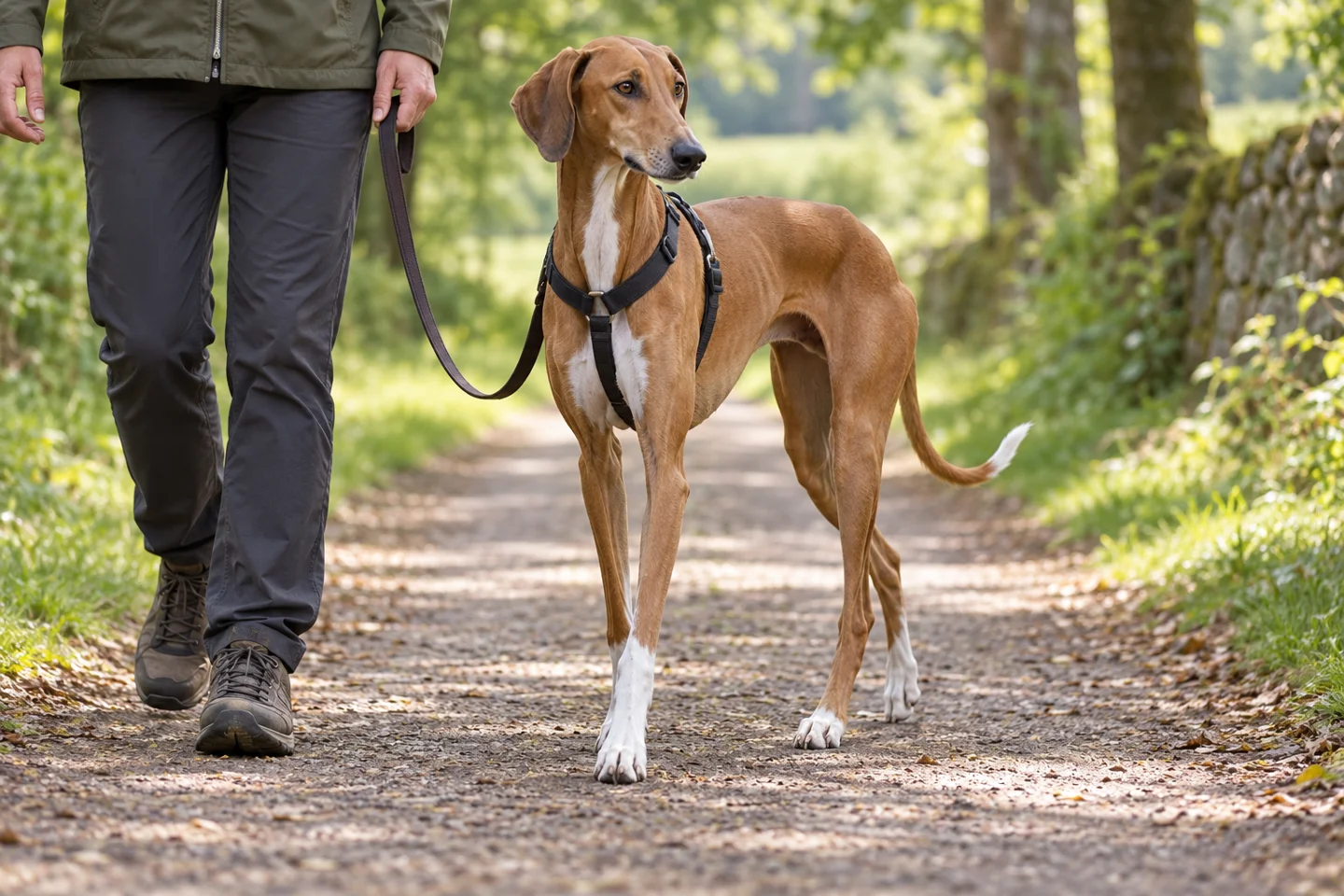 Lean red-fawn Azawakh wearing a fitted harness while walking beside an adult on a shaded path