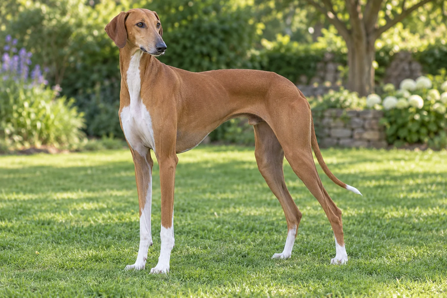 Long-legged red-fawn Azawakh with white chest and feet, dropped ears, and long thin tail standing on grass