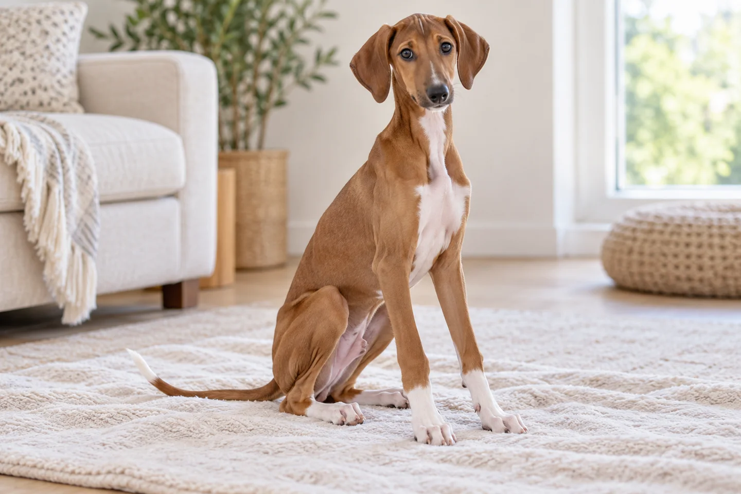 Red-fawn Azawakh puppy with white chest and long slender legs sitting on a blanket indoors