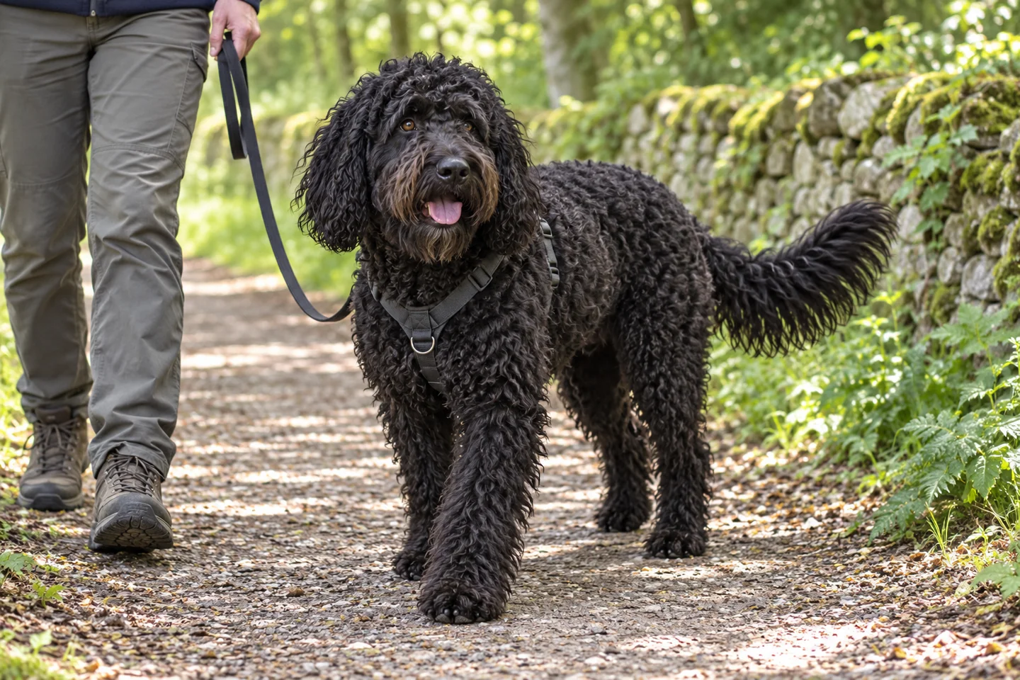 Black curly-coated Barbet walking in a harness beside an adult along a shaded countryside path