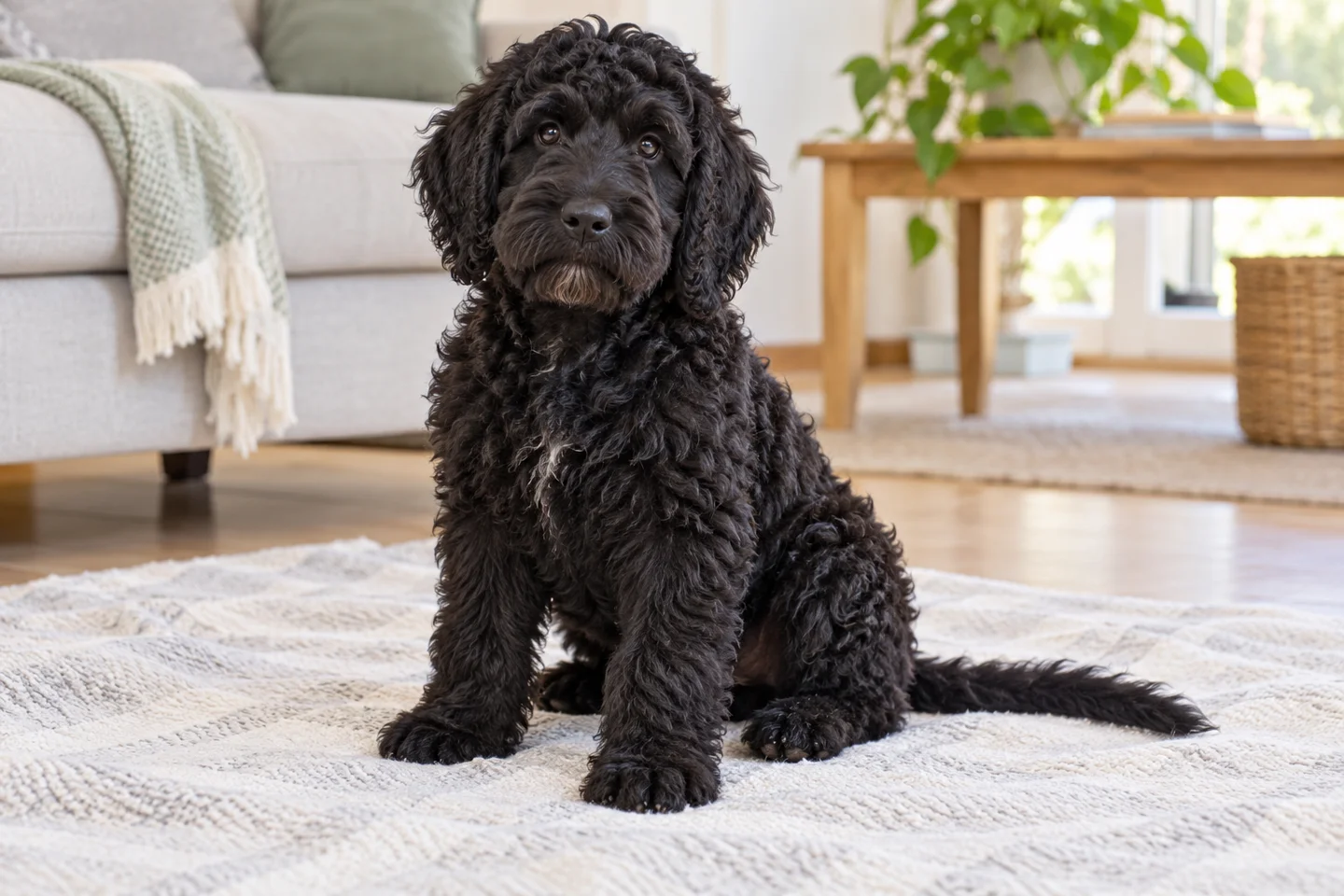 Black Barbet puppy with curly coat and bearded muzzle sitting on a pale blanket indoors