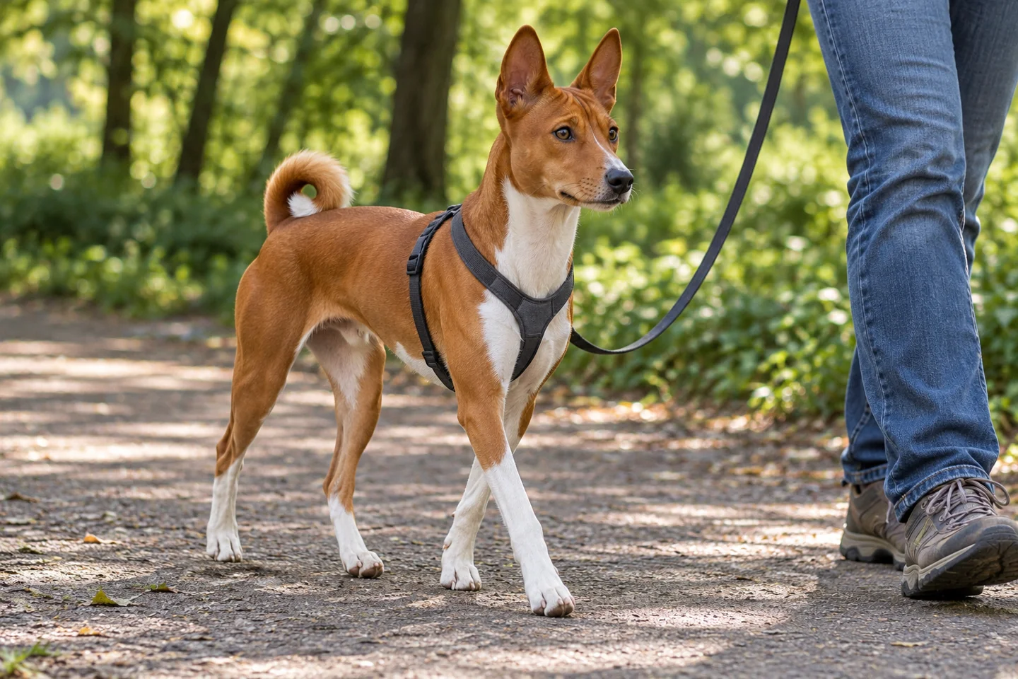 Red-and-white Basenji with erect ears, wrinkled forehead, and curled natural tail walking in a harness beside an adult on a shaded path