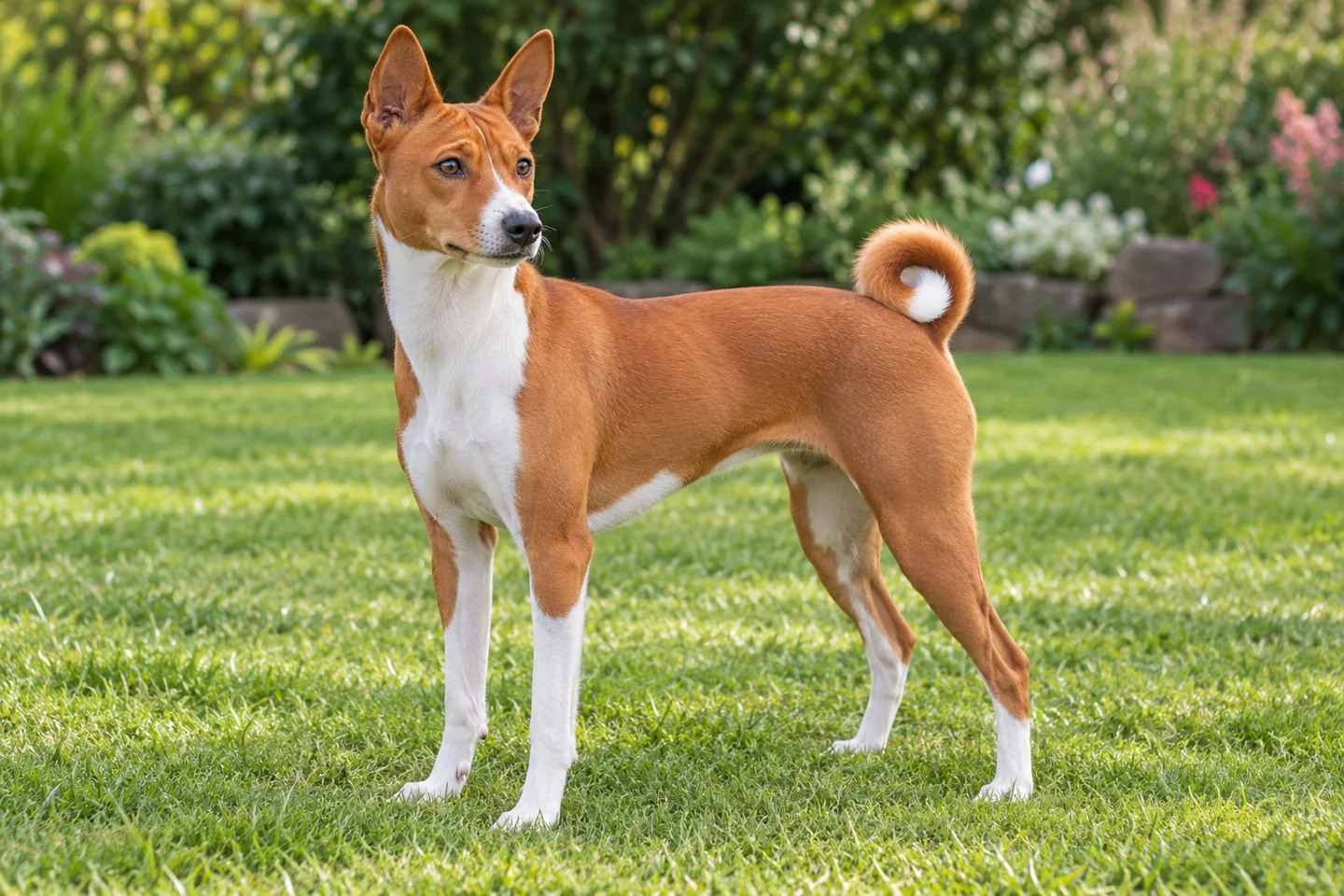 Red-and-white Basenji with erect ears, wrinkled forehead, and curled natural tail standing on grass