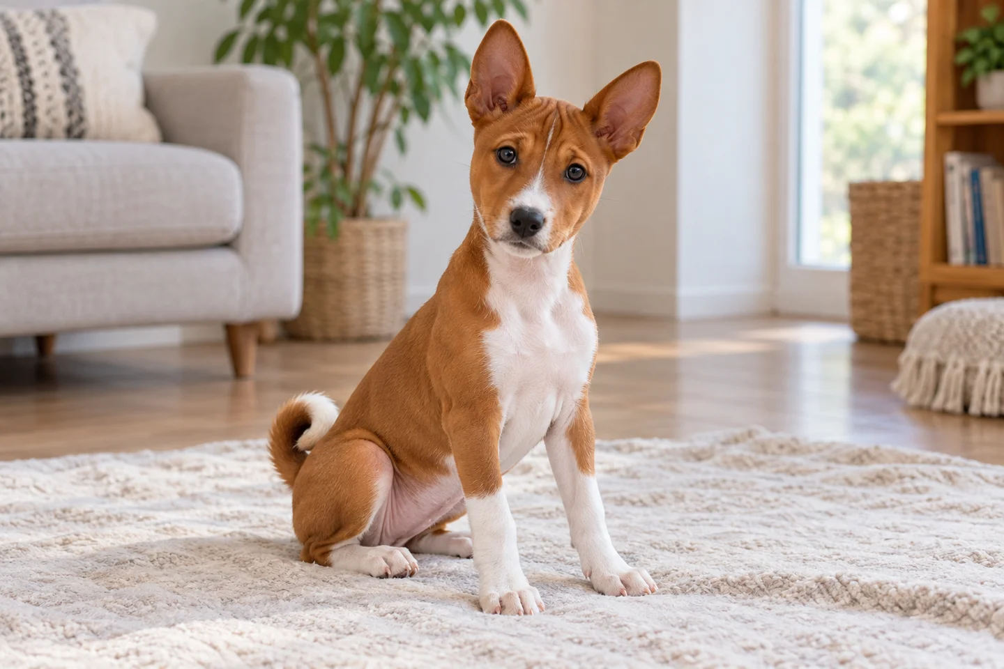 Basenji puppy sitting on a pale blanket in a bright living room