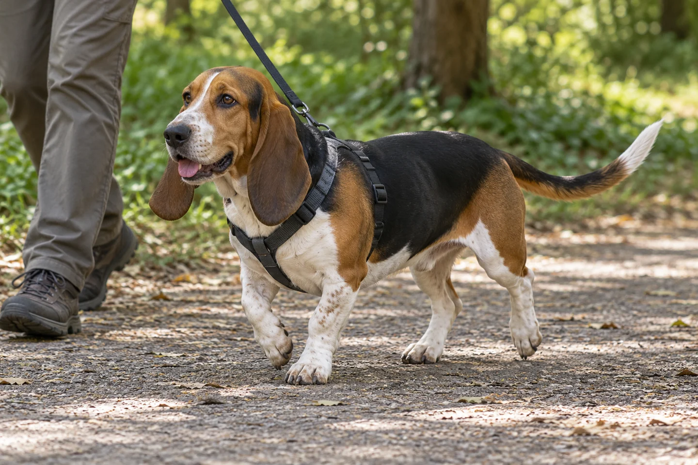 Tricolor Basset Artésien Normand with long ears, low elongated body, and long natural tail walking in a harness beside an adult on a shaded path
