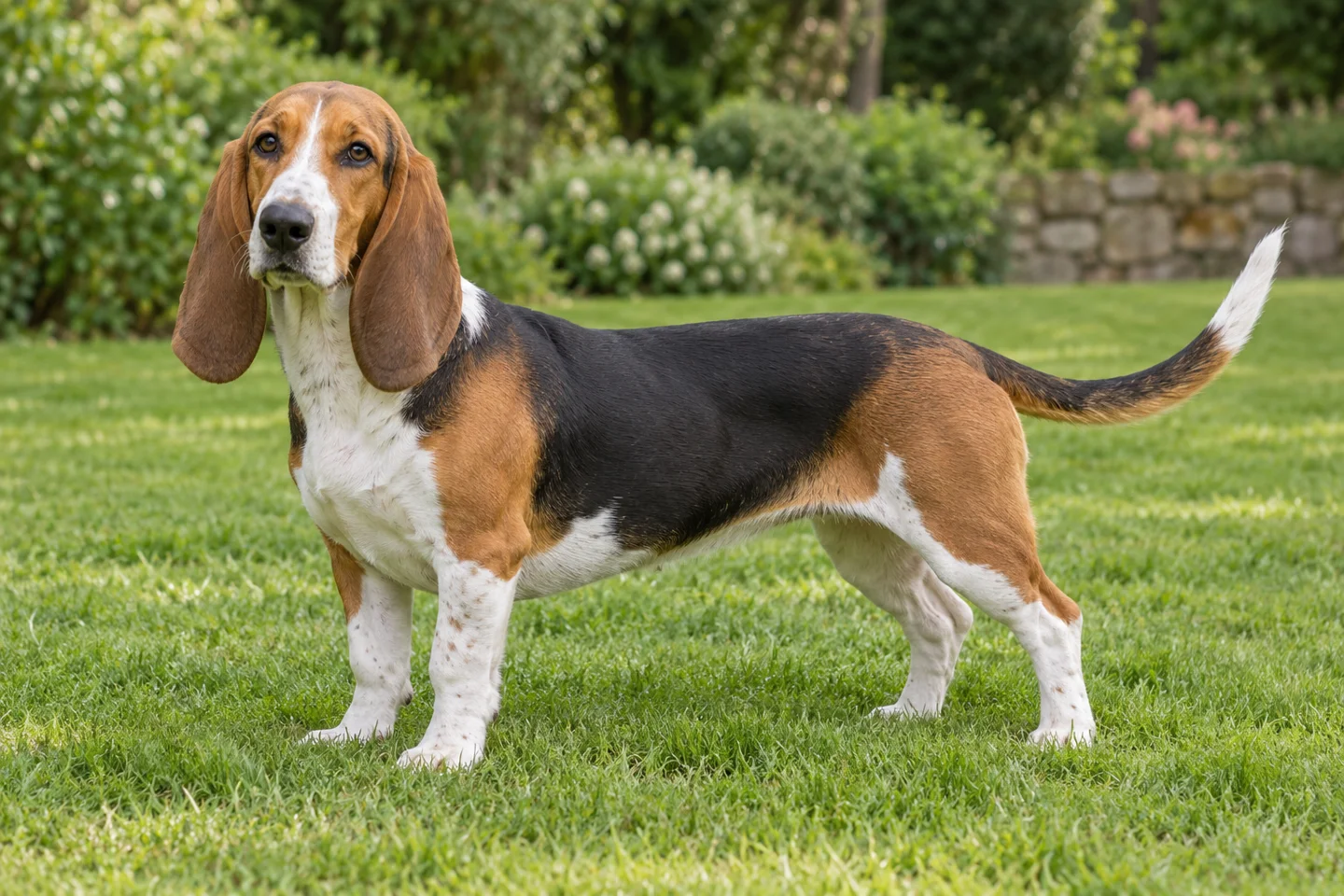Tricolor Basset Artésien Normand with long ears, low elongated body, and long natural tail standing on grass