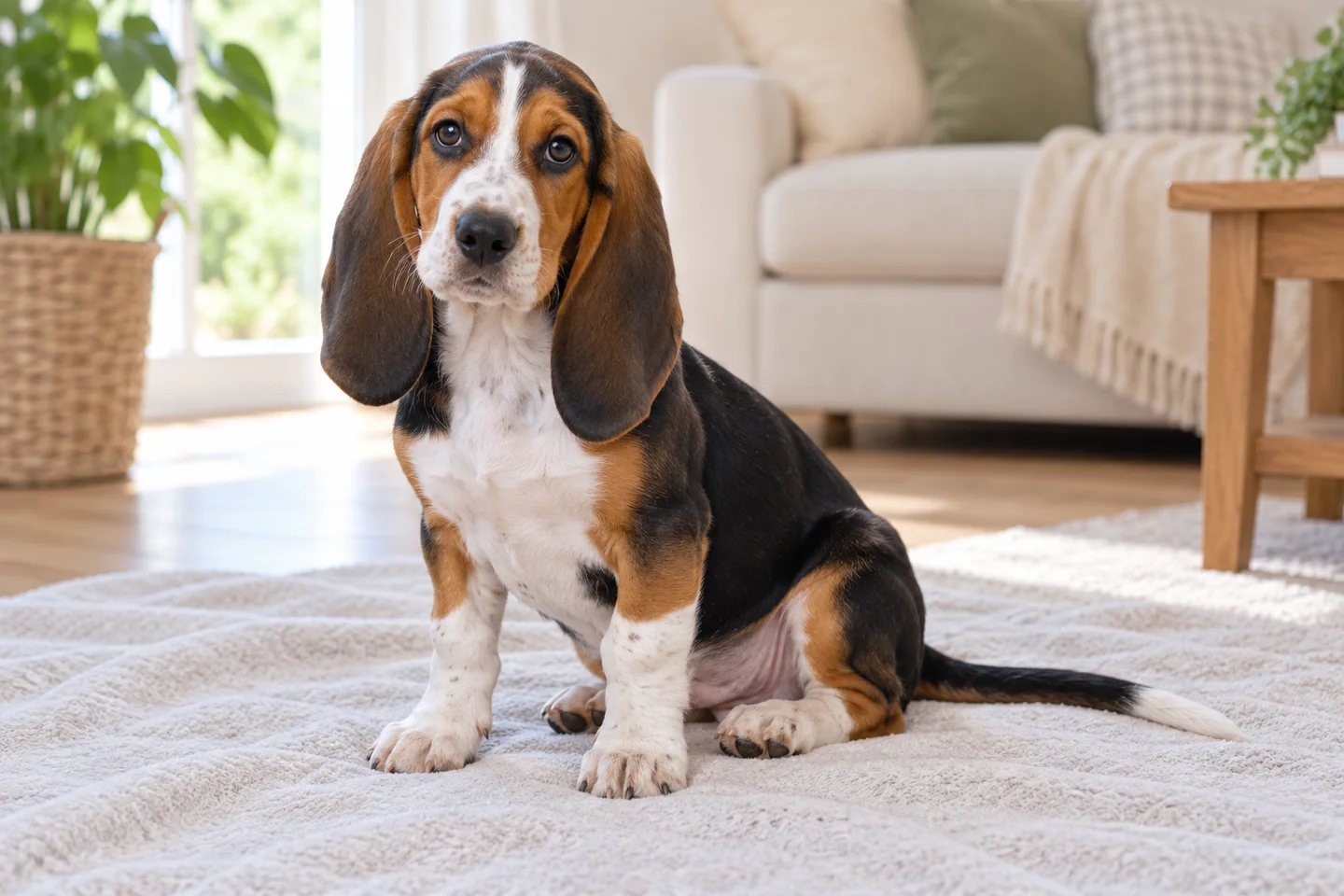 Basset Artésien Normand puppy sitting on a pale blanket in a bright living room