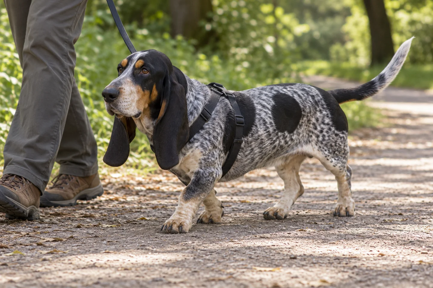 Blue-mottled Basset Bleu de Gascogne with black patches, tan points, long ears, and natural tail walking in a harness beside an adult on a shaded path