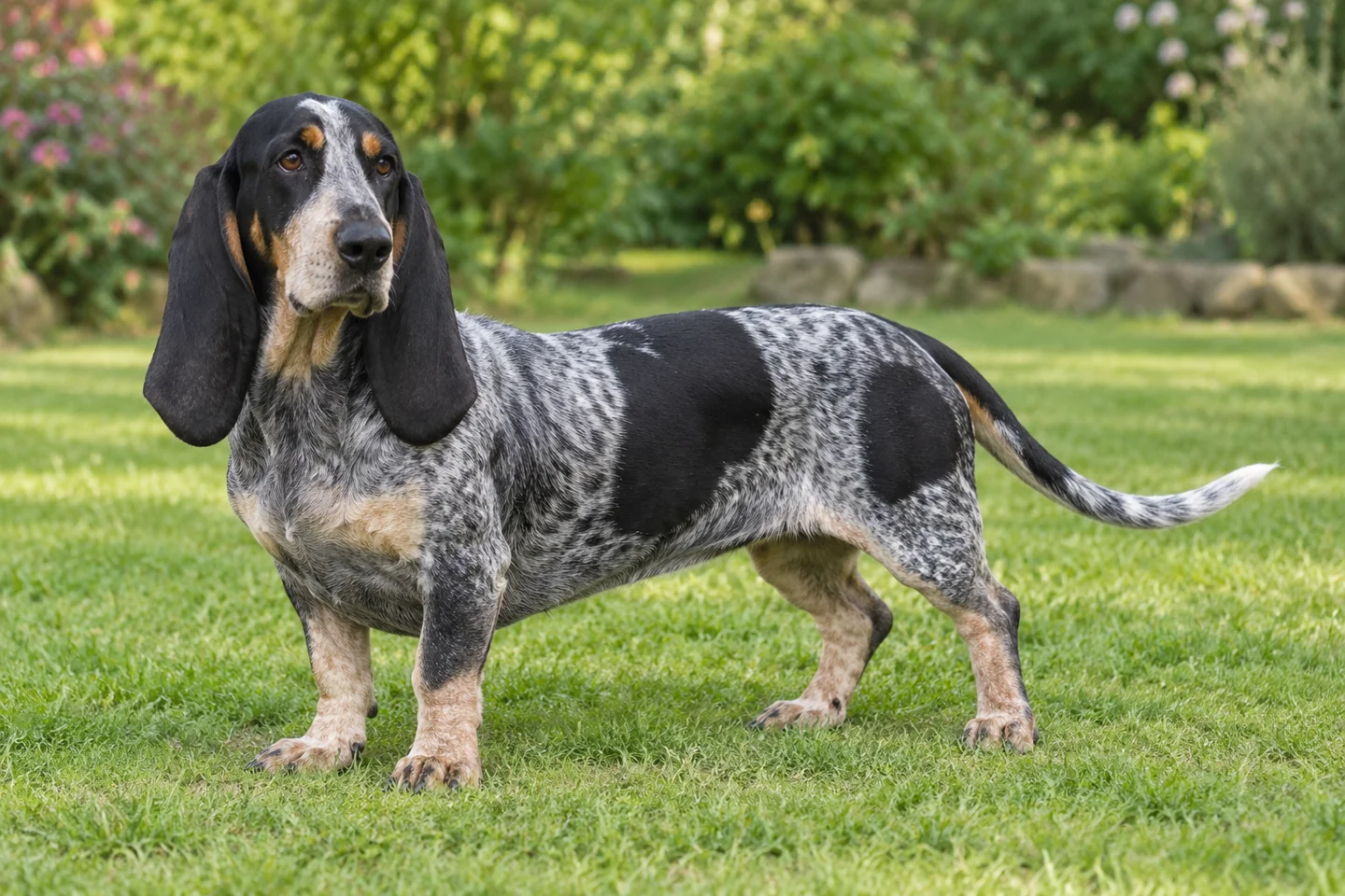 Blue-mottled Basset Bleu de Gascogne with black patches, tan points, long ears, and natural tail standing on grass