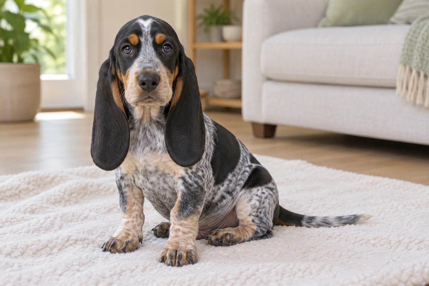 Basset Bleu de Gascogne puppy sitting on a pale blanket in a bright living room