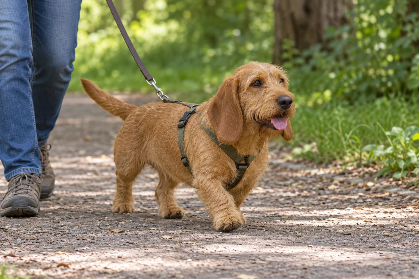 Rough-coated fawn Basset Fauve de Bretagne with short legs, dropped ears, and long natural tail walking in a harness beside an adult on a shaded path