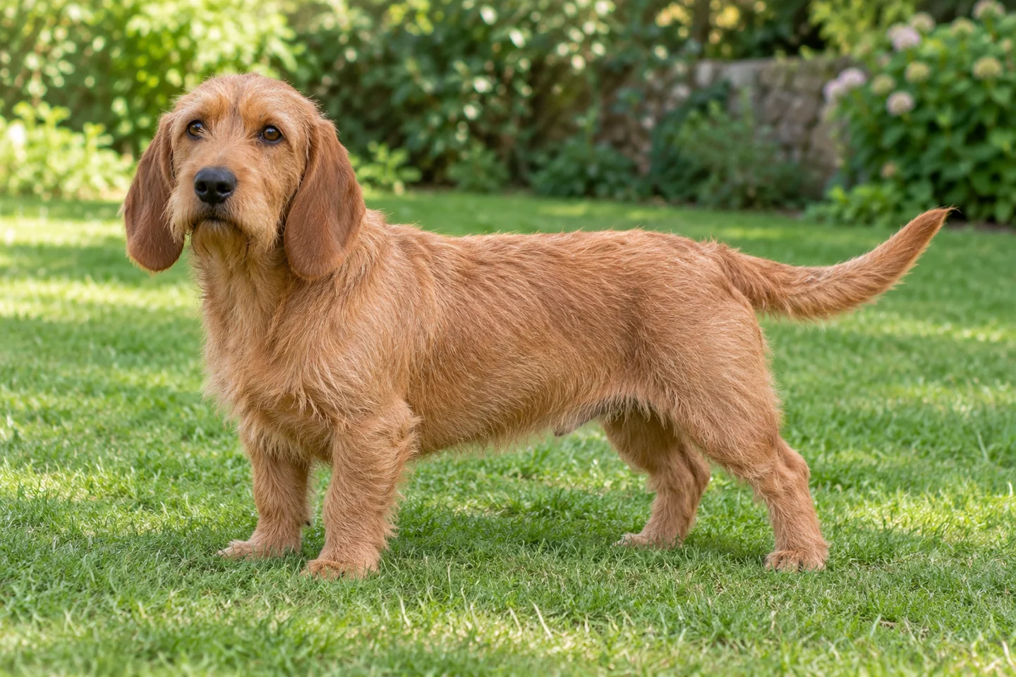 Rough-coated fawn Basset Fauve de Bretagne with short legs, dropped ears, and long natural tail standing on grass