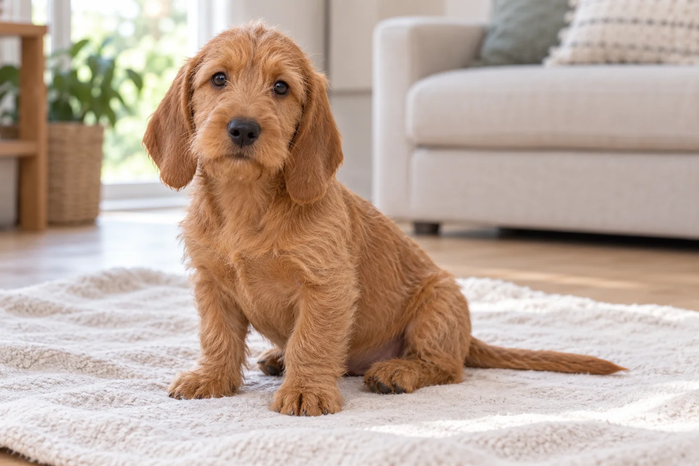 Basset Fauve de Bretagne puppy sitting on a pale blanket in a bright living room