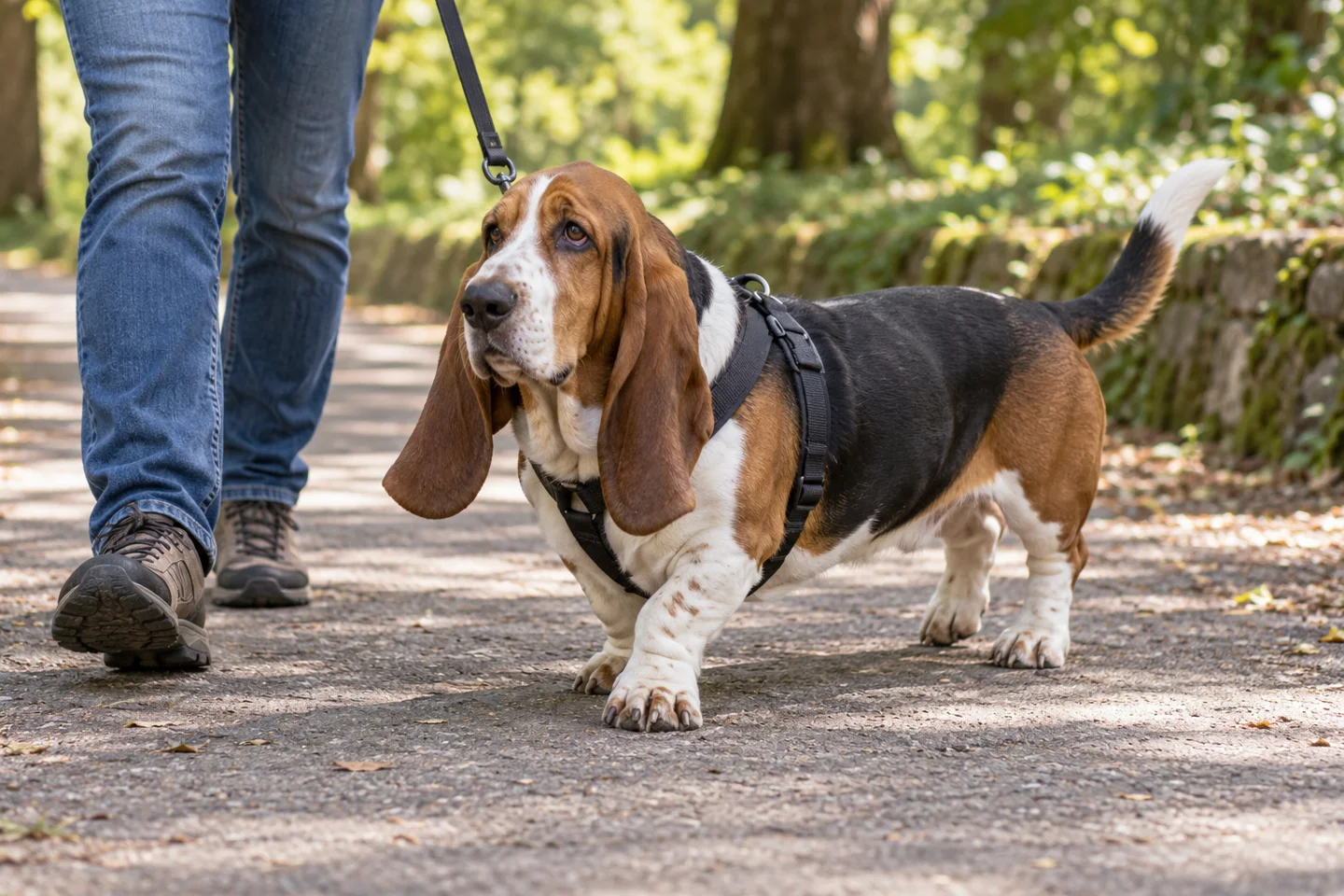 Tricolor Basset Hound with substantial low body, long dropped ears, and natural tail walking in a harness beside an adult on a shaded path