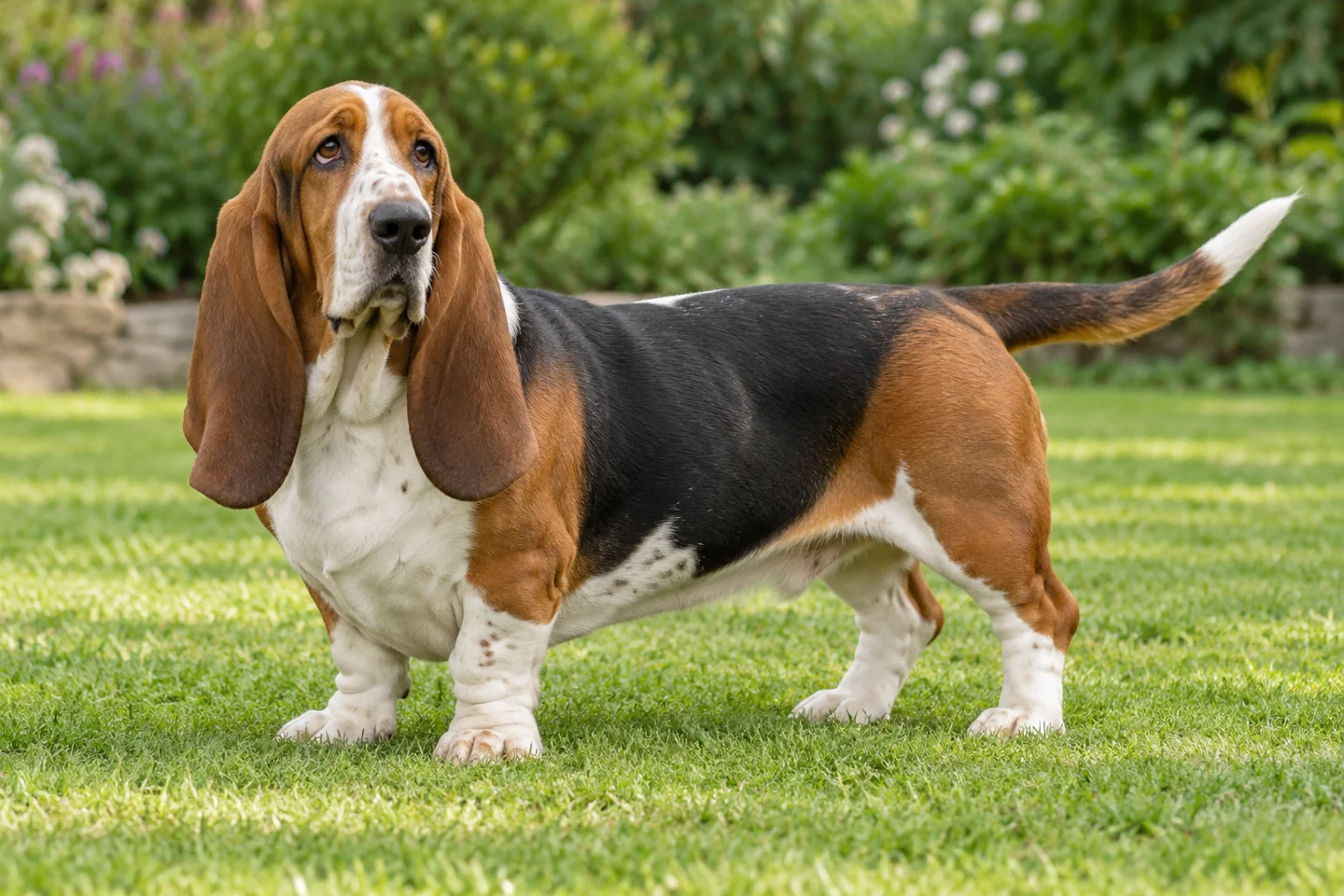 Tricolor Basset Hound with substantial low body, long dropped ears, and natural tail standing on grass