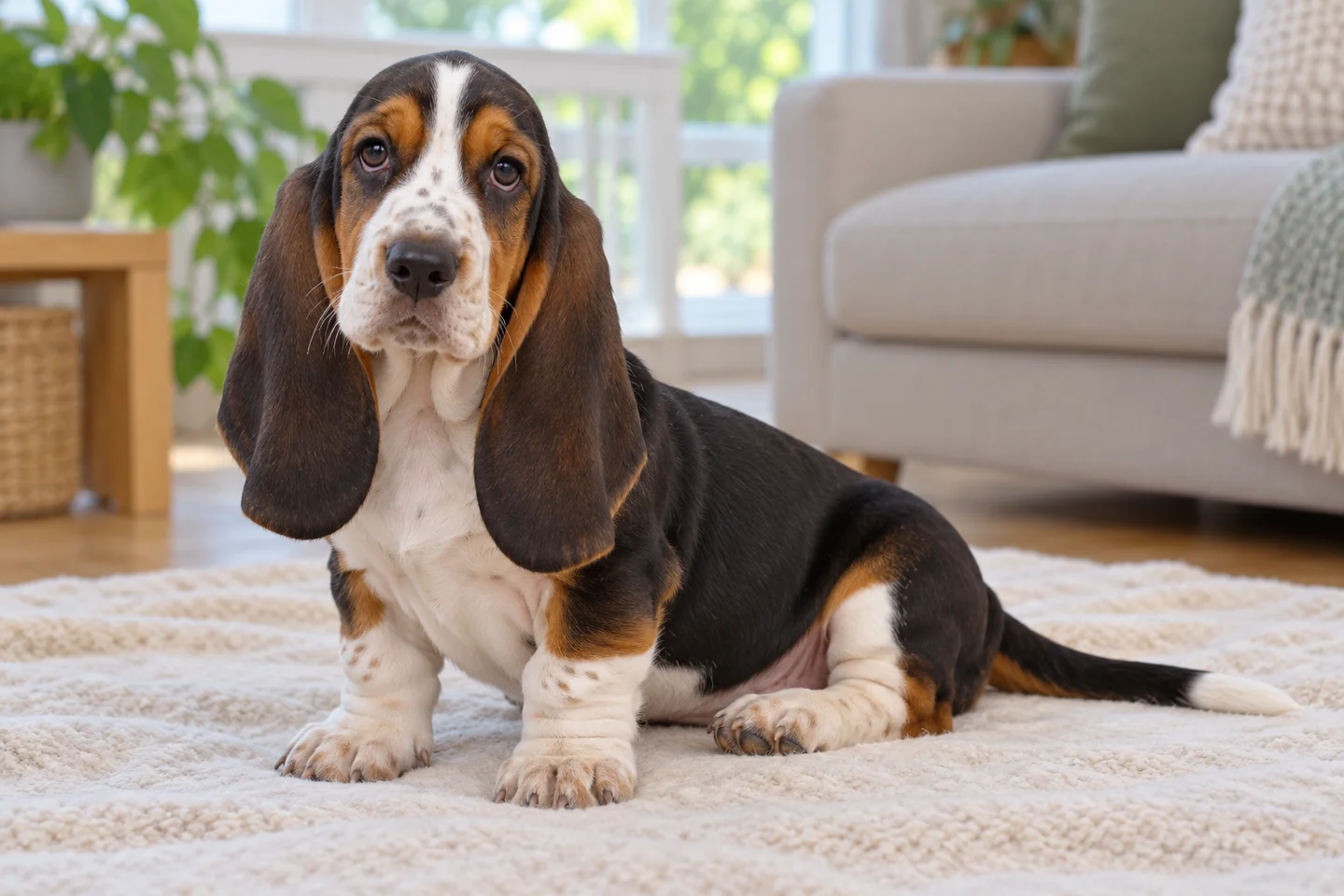 Basset Hound puppy sitting on a pale blanket in a bright living room